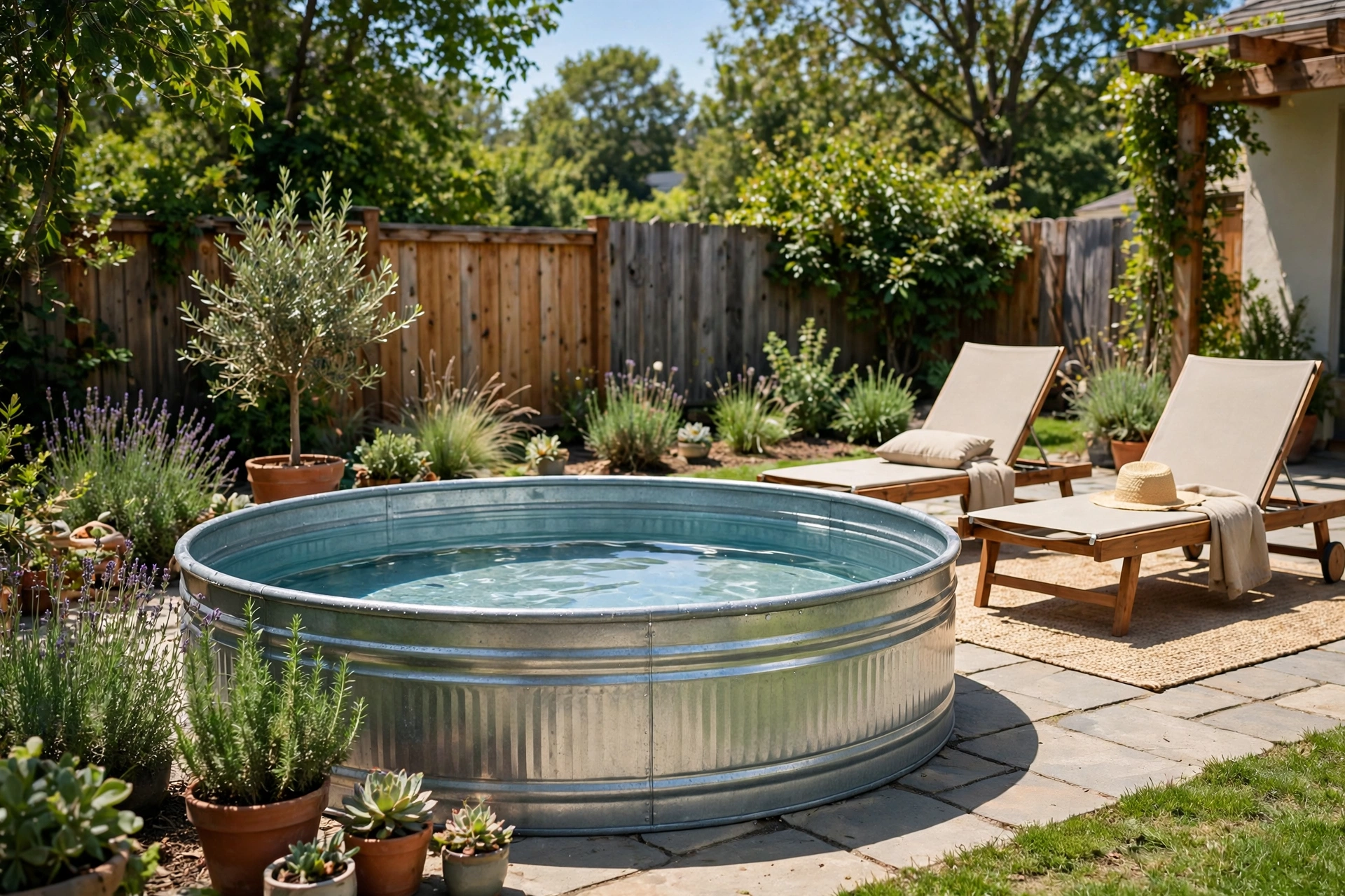 Stock tank pool with clear water and lounge chairs in a sunny backyard
