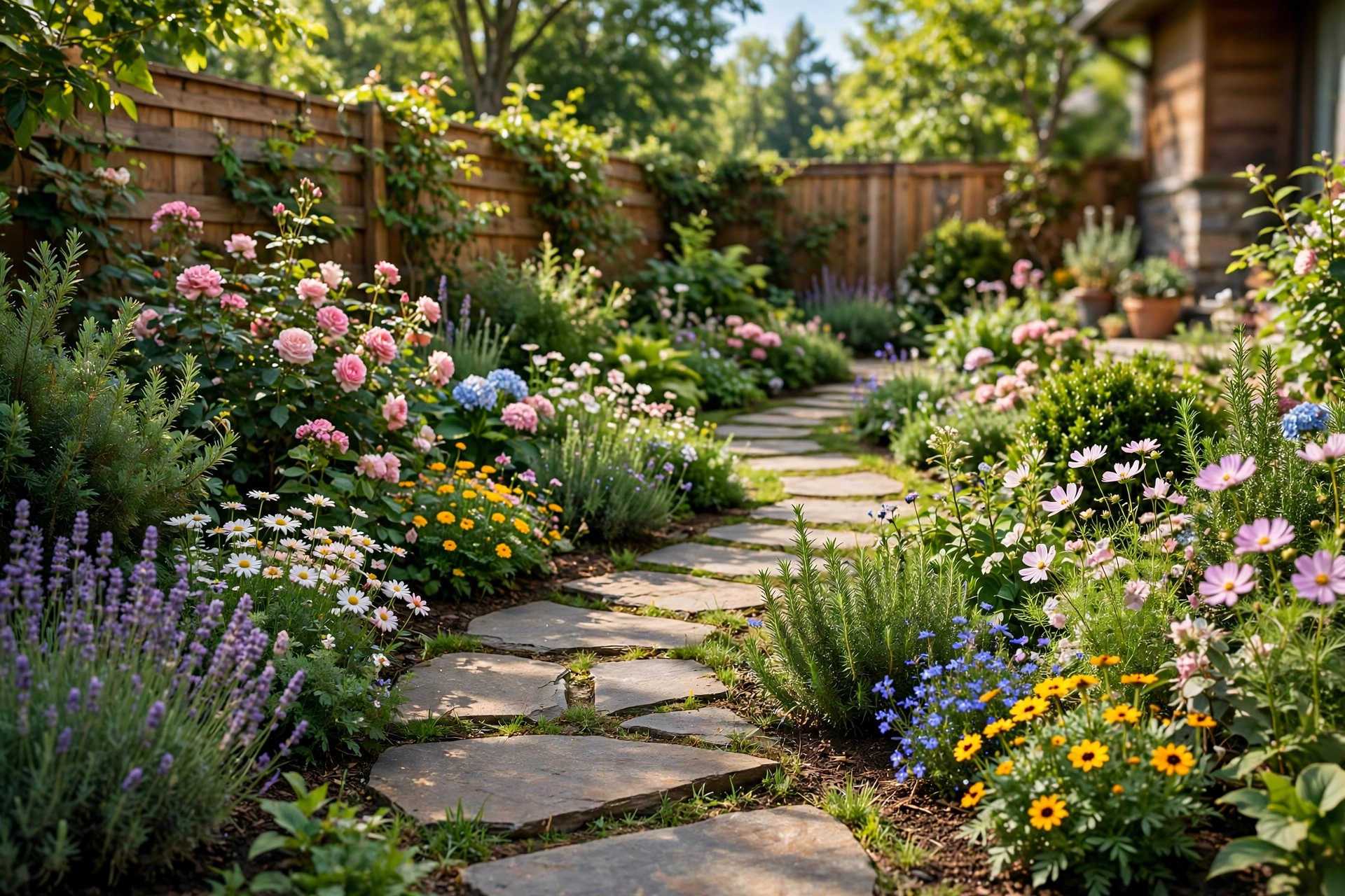Winding stepping stone garden path through a backyard flower garden