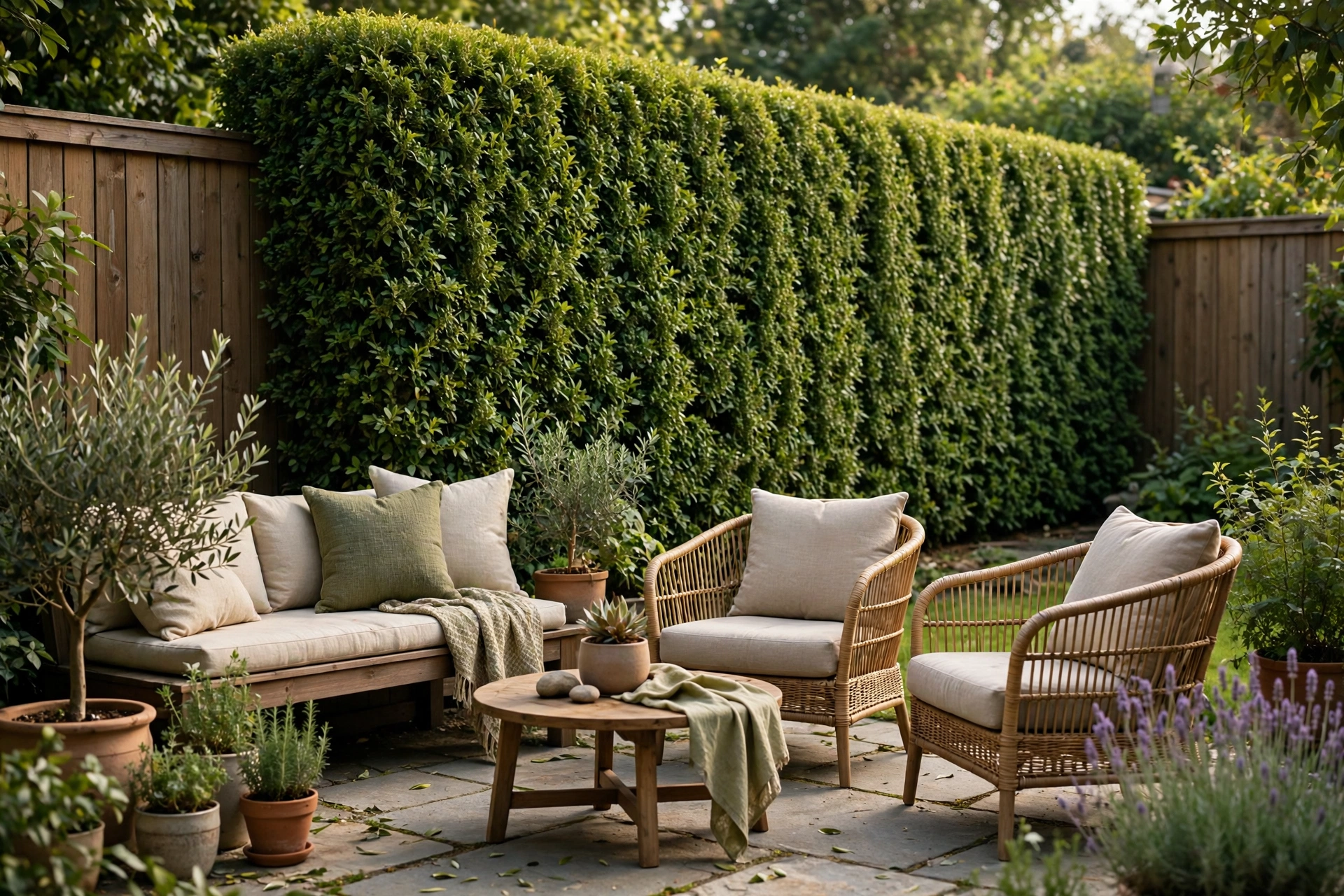 Tall green privacy hedge along a backyard fence with seating in front