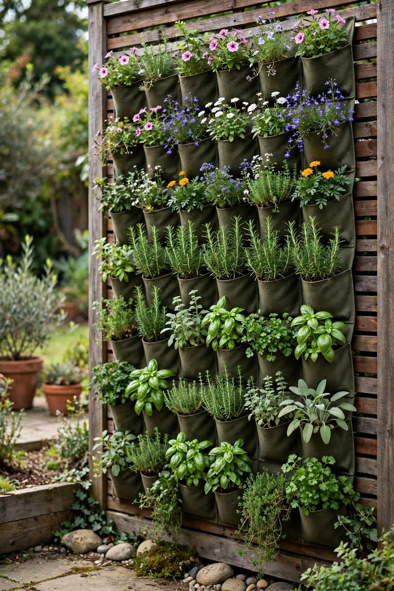 Vertical garden wall with pockets of herbs and flowers on a backyard fence