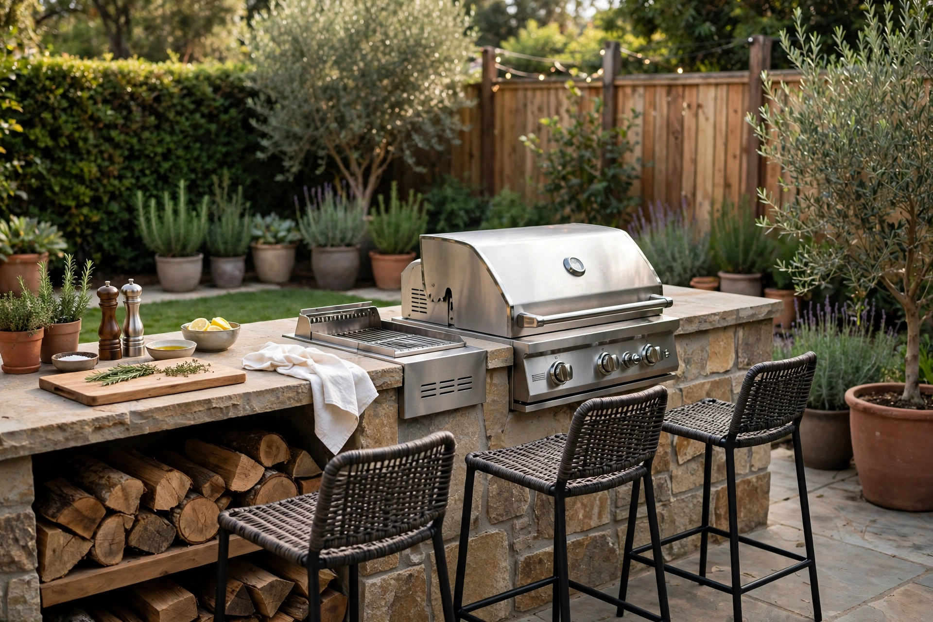 Outdoor grill station with a barbecue grill prep counter and stools