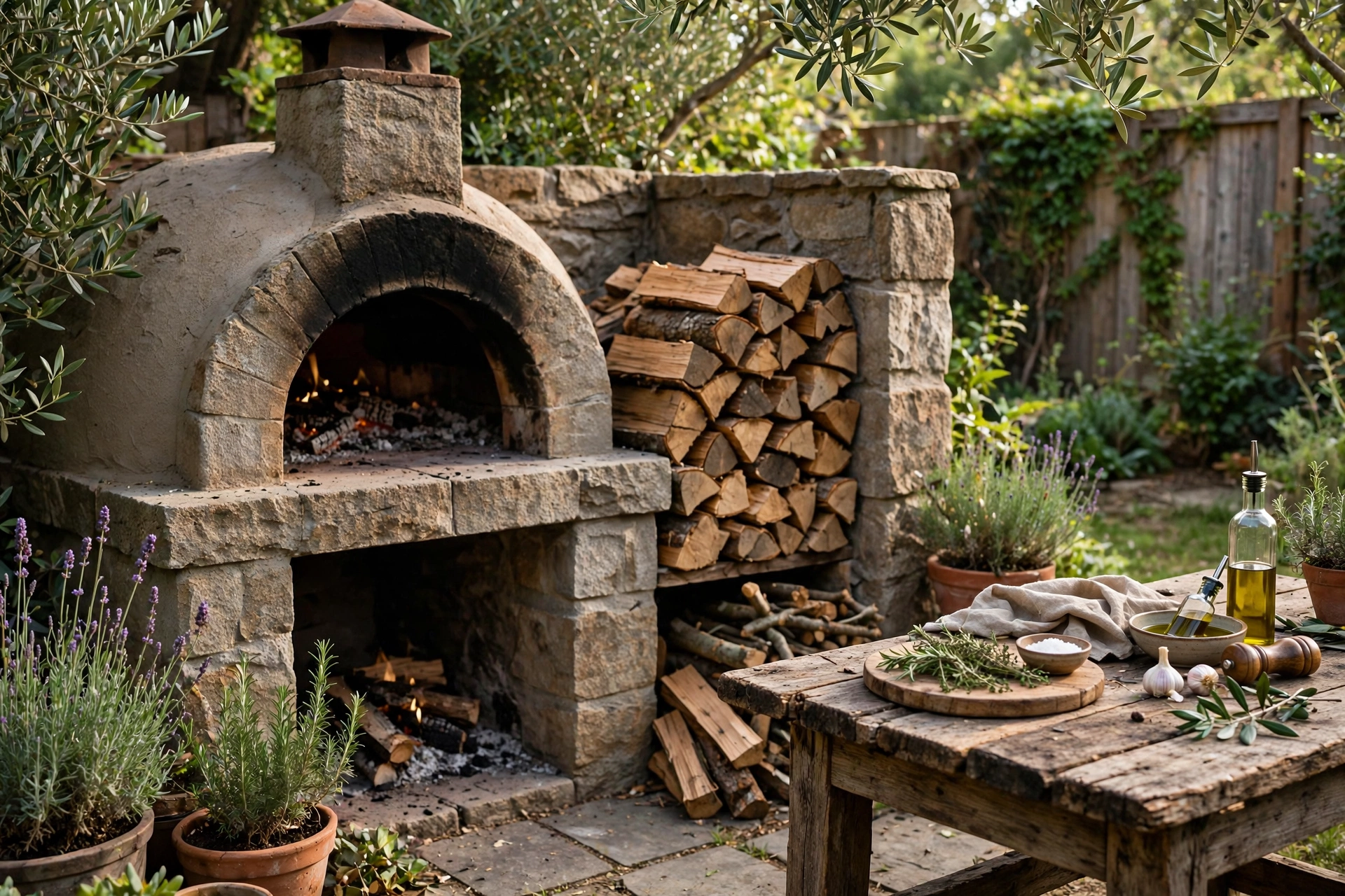 Outdoor pizza oven corner with firewood and a rustic backyard table