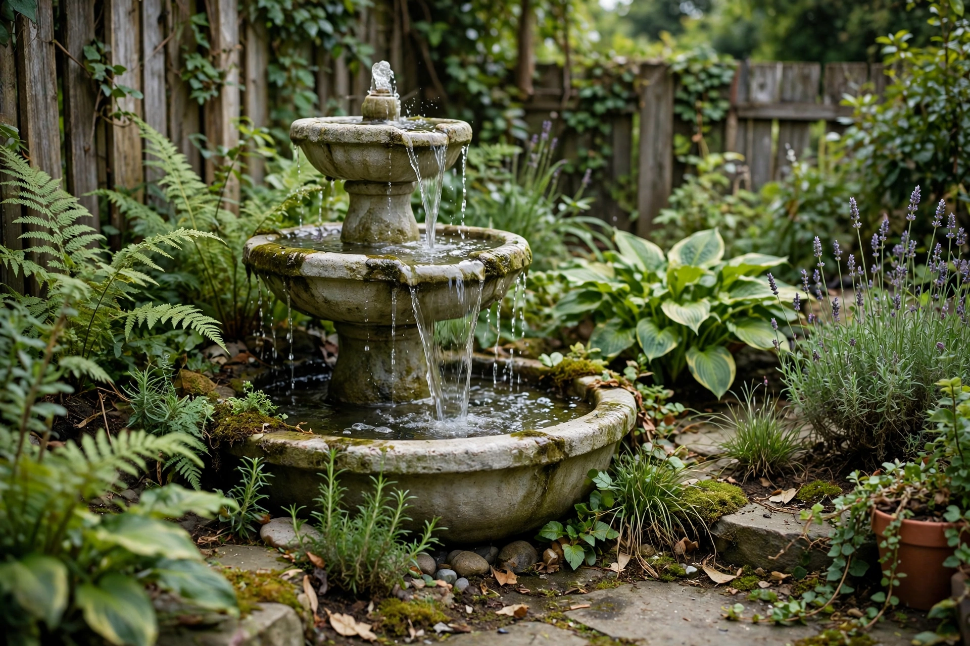 Small backyard water fountain with flowing water among garden plants