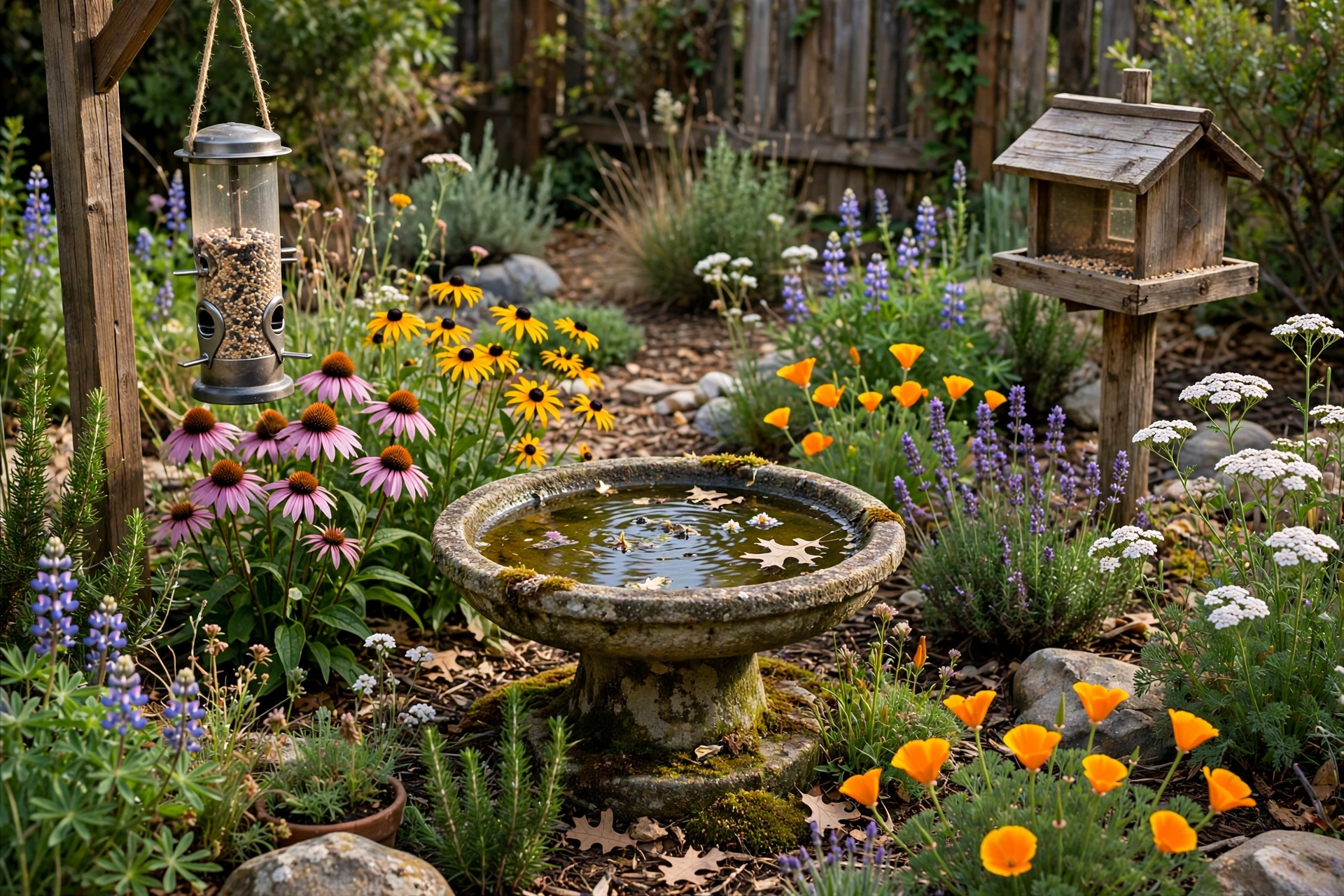 Backyard bird garden with feeders a birdbath and native flowering plants
