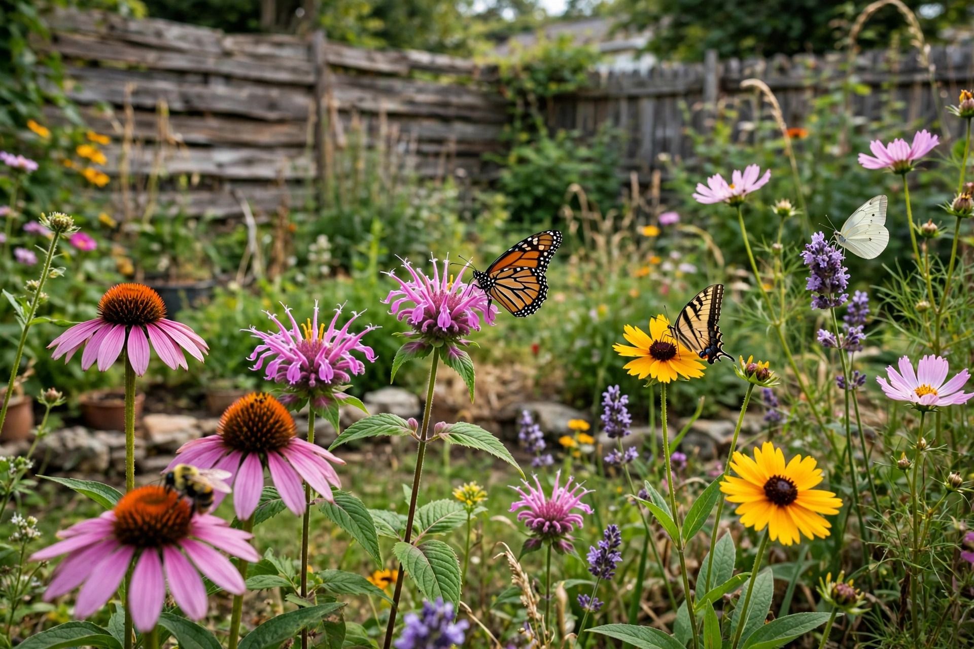 Colorful pollinator garden with bees and butterflies on wildflowers