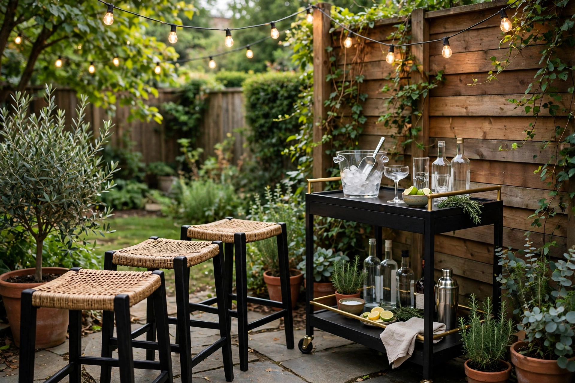 Outdoor bar corner in a backyard with a cart stools and festoon lights