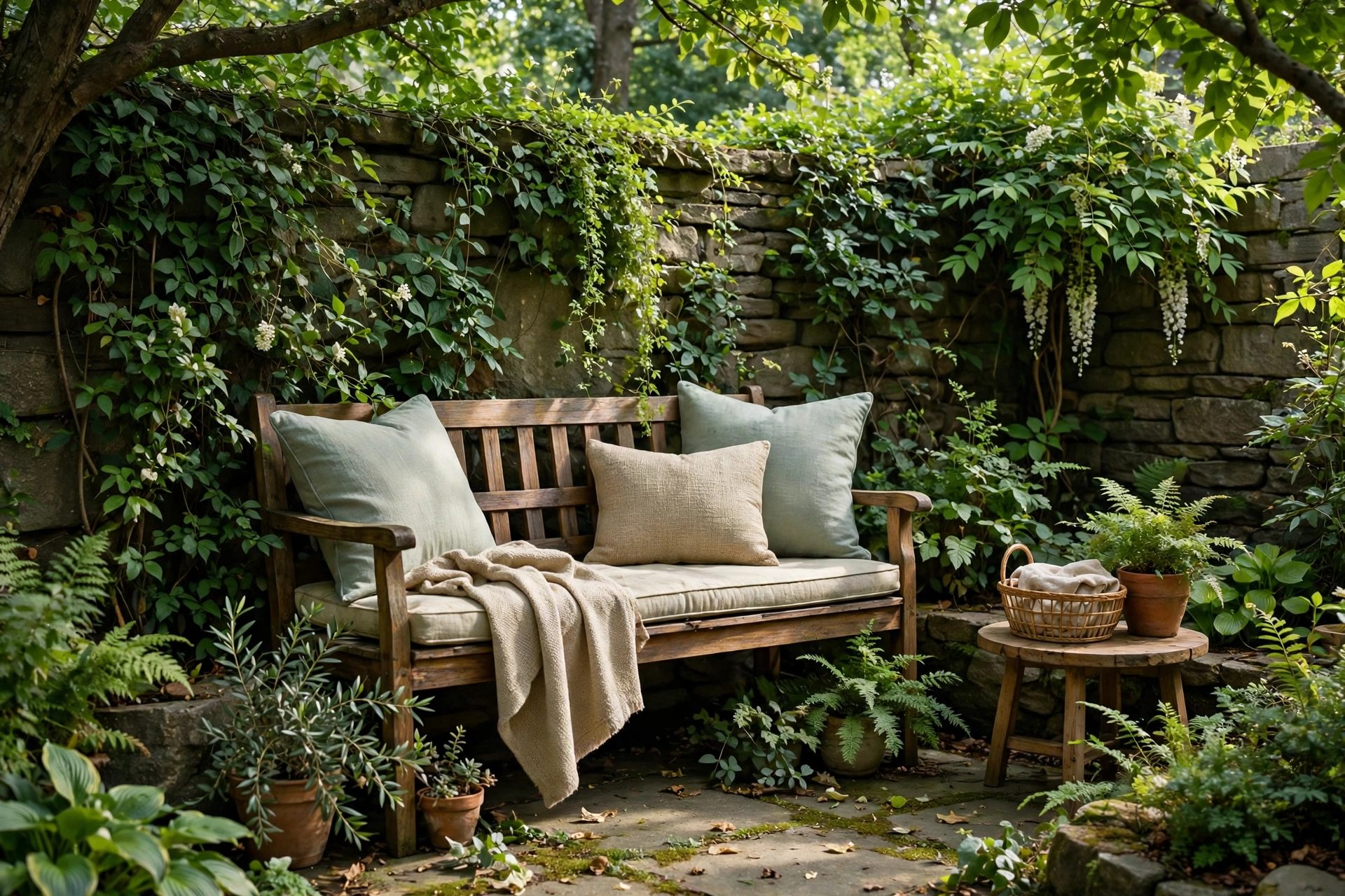 Shady backyard reading nook with a bench cushions and climbing plants