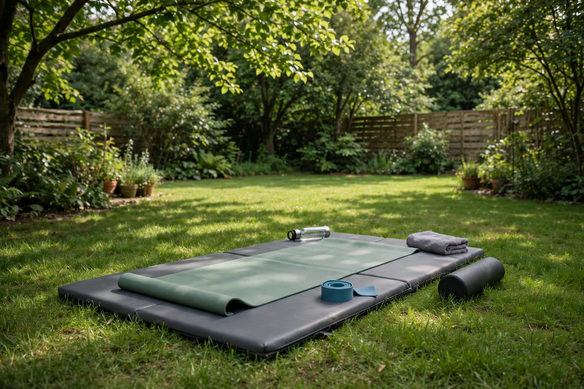 Flat lawn workout pad in a backyard with a yoga mat and exercise space