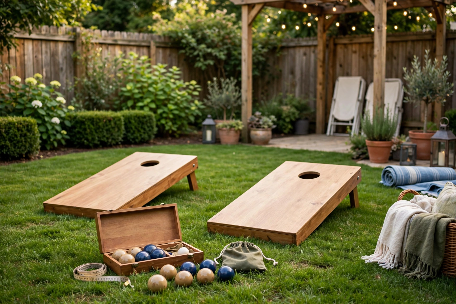 Backyard lawn games corner with bocce cornhole and outdoor seating