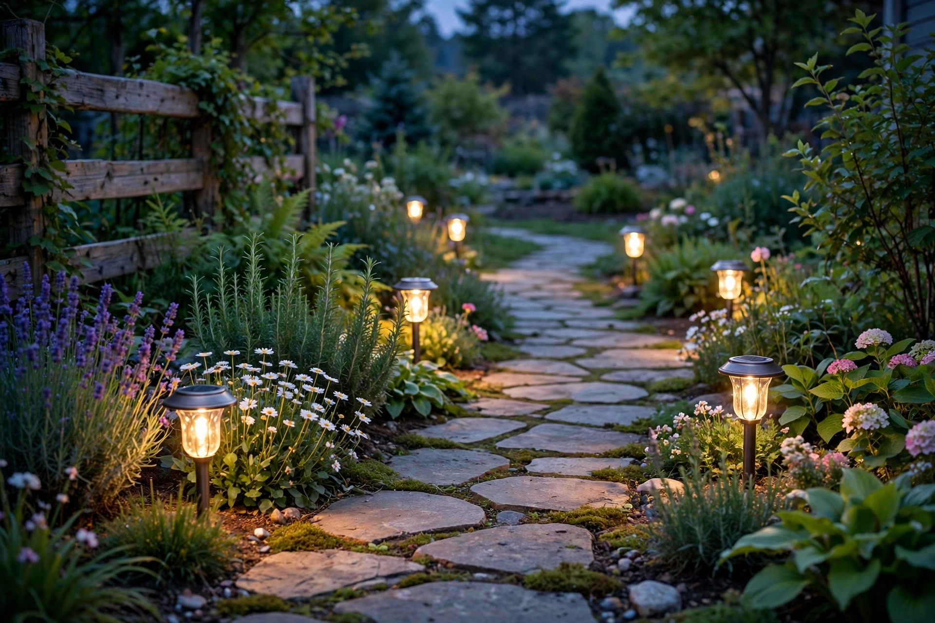 Backyard garden path lit by solar lanterns at dusk