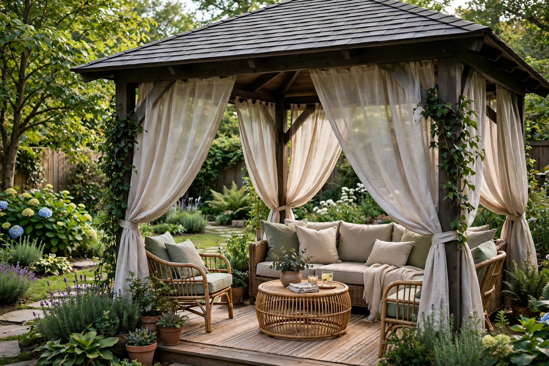 Covered backyard gazebo with seating curtains and garden views