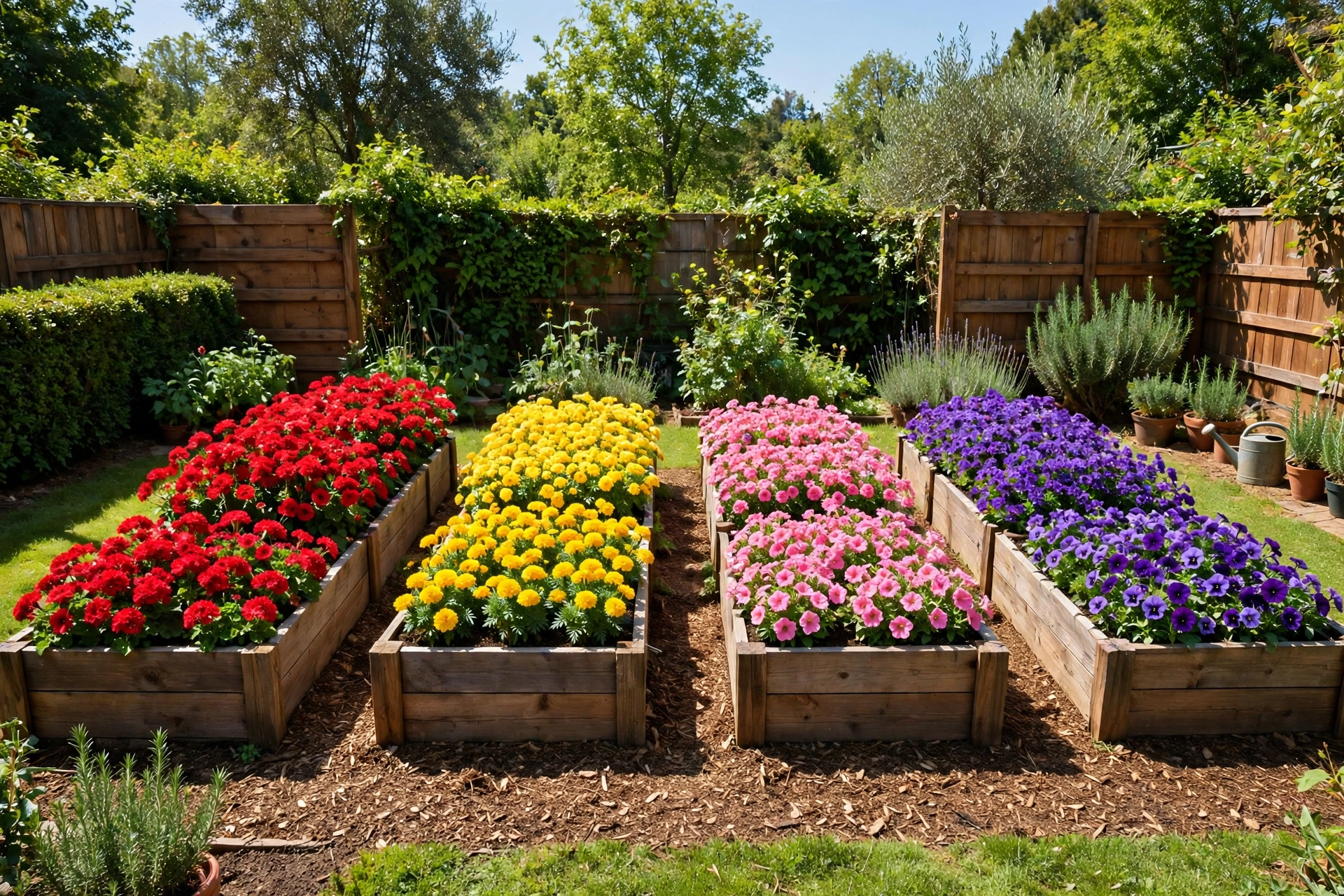 Raised flower beds planted in bold color blocks in a backyard garden