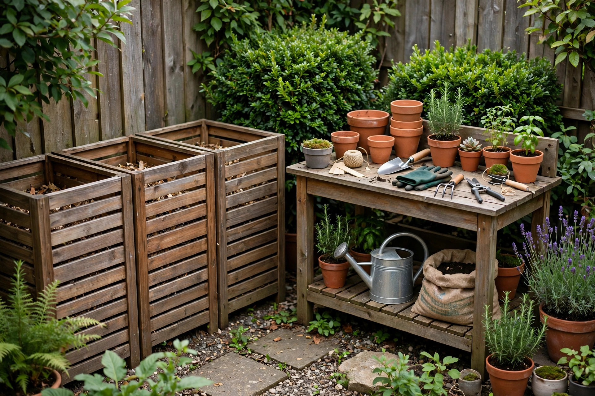 Backyard compost bins and potting bench in a tidy garden corner