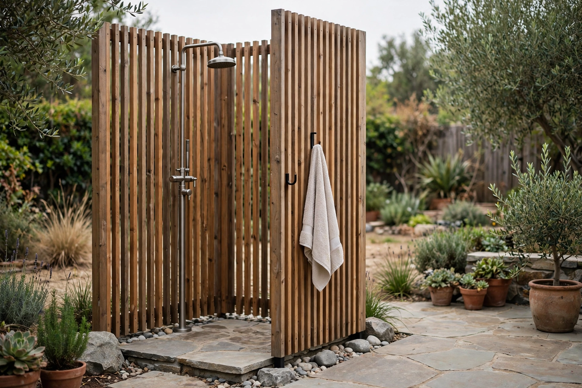 Simple outdoor rinse station with a shower head near a backyard patio