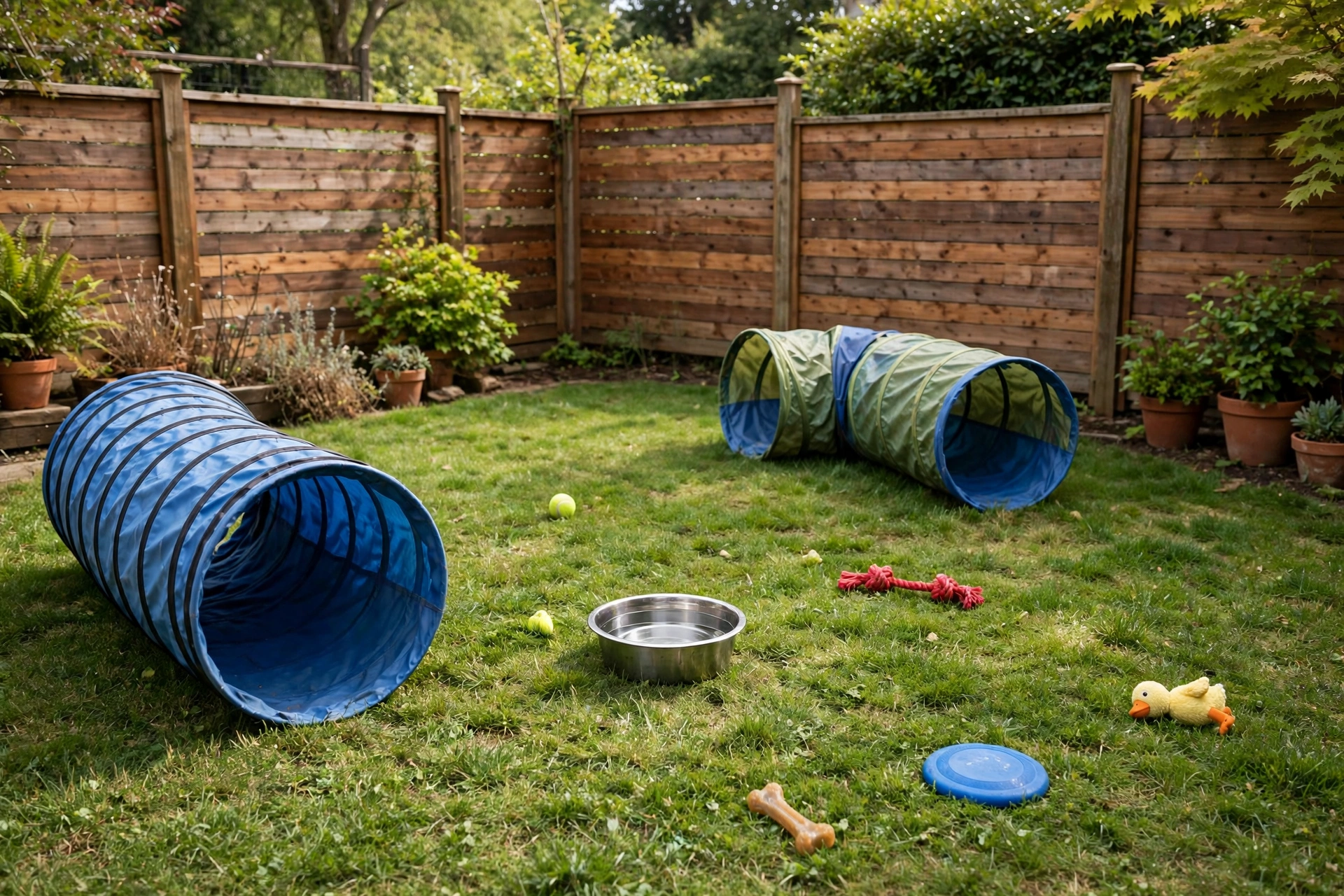 Dog friendly backyard area with a play run agility tunnel and water bowl