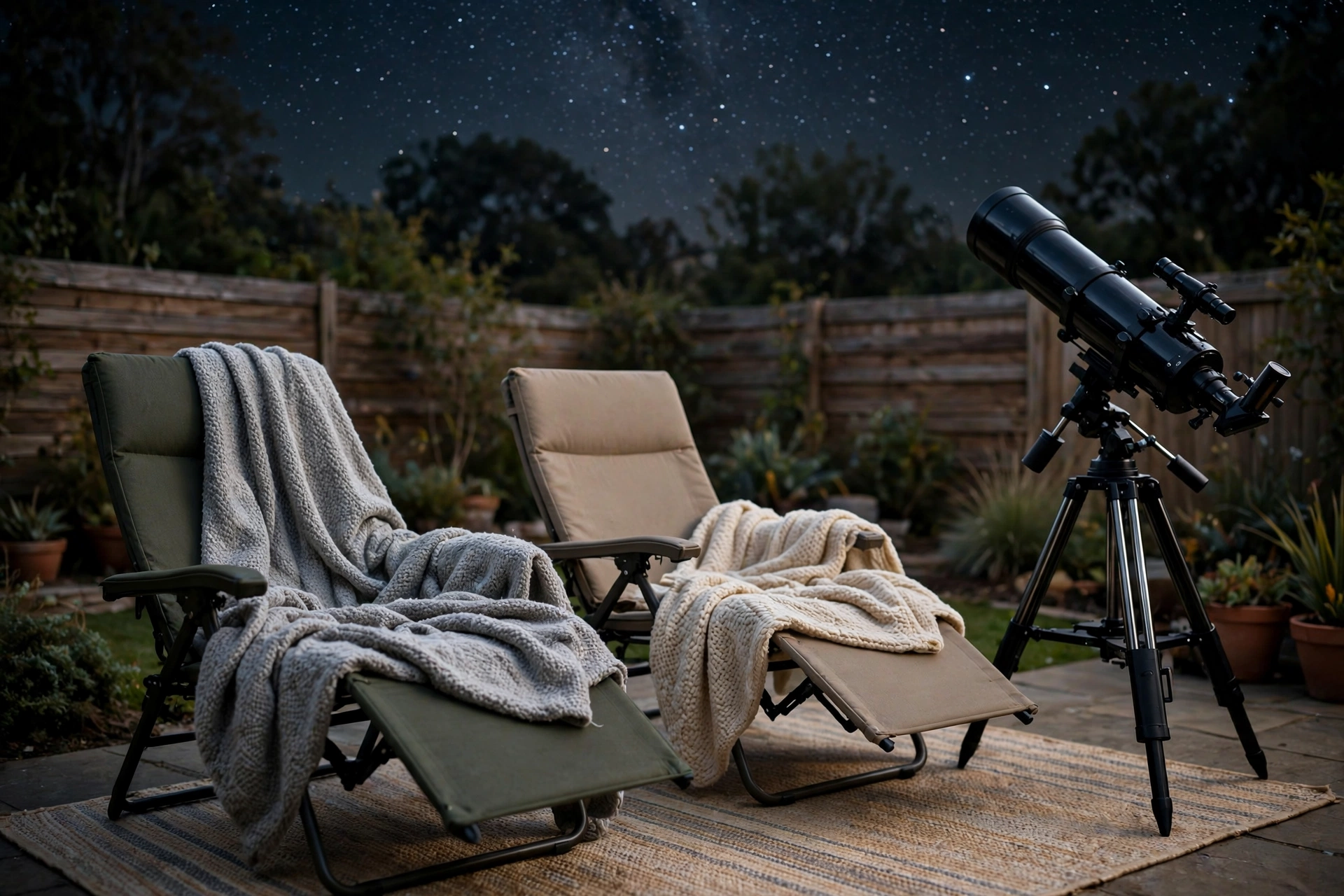 Backyard stargazing spot with reclining chairs blankets and a telescope