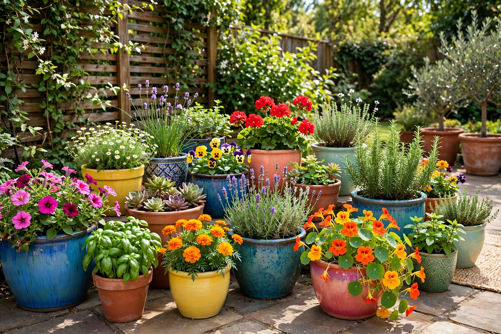 Seasonal container garden with colorful pots on a backyard patio