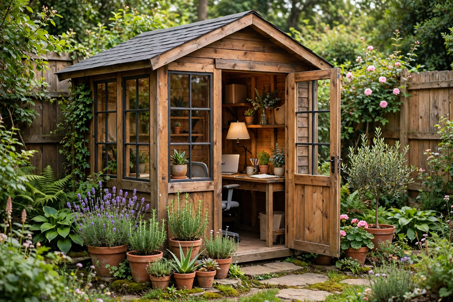 Small backyard studio shed with windows a desk and garden around it