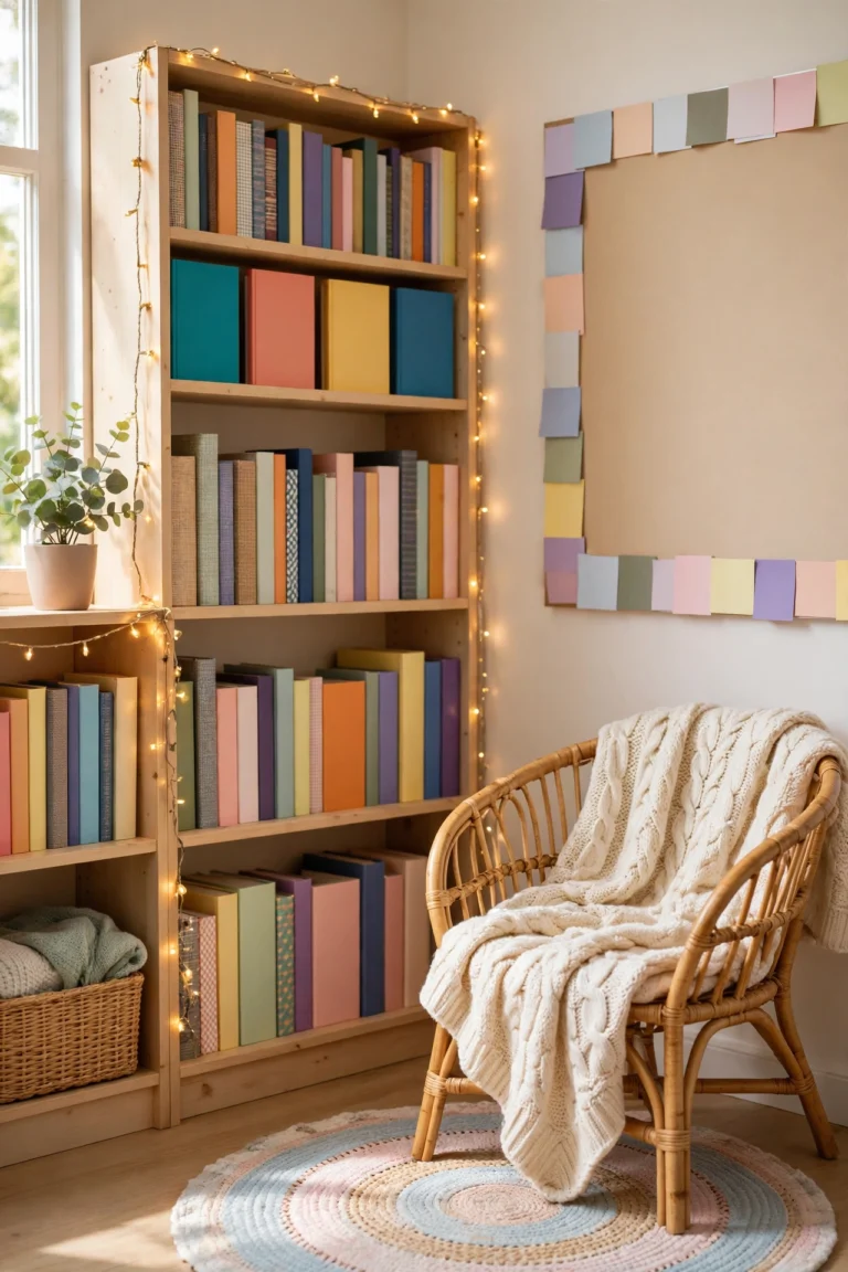 Warm English classroom decorated with a quote wall, cozy reading nook, book banners and a word wall