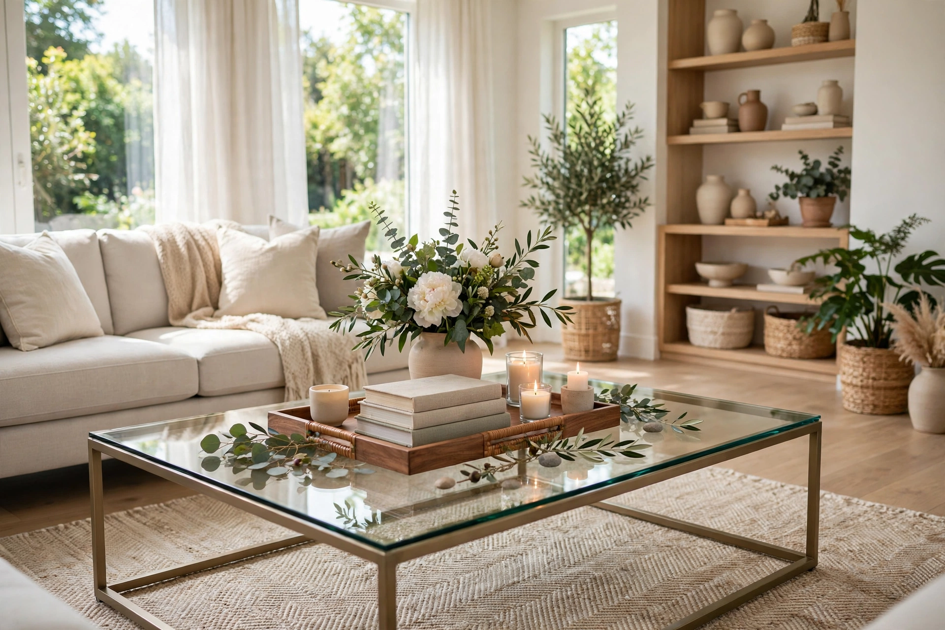 Glass coffee table decor ideas for a bright, airy living room