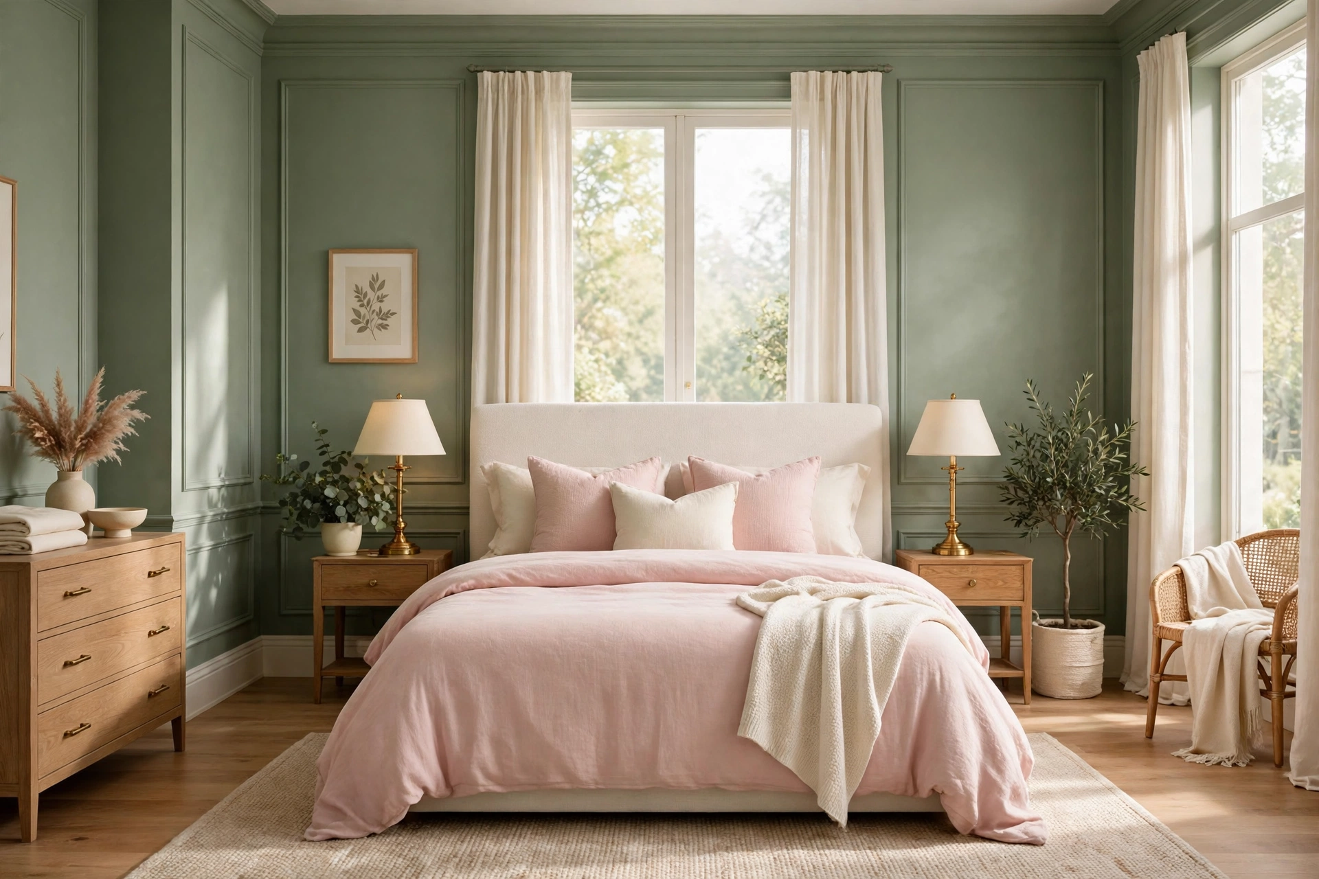 Sage green and pink bedroom for a soft, grown-up retreat