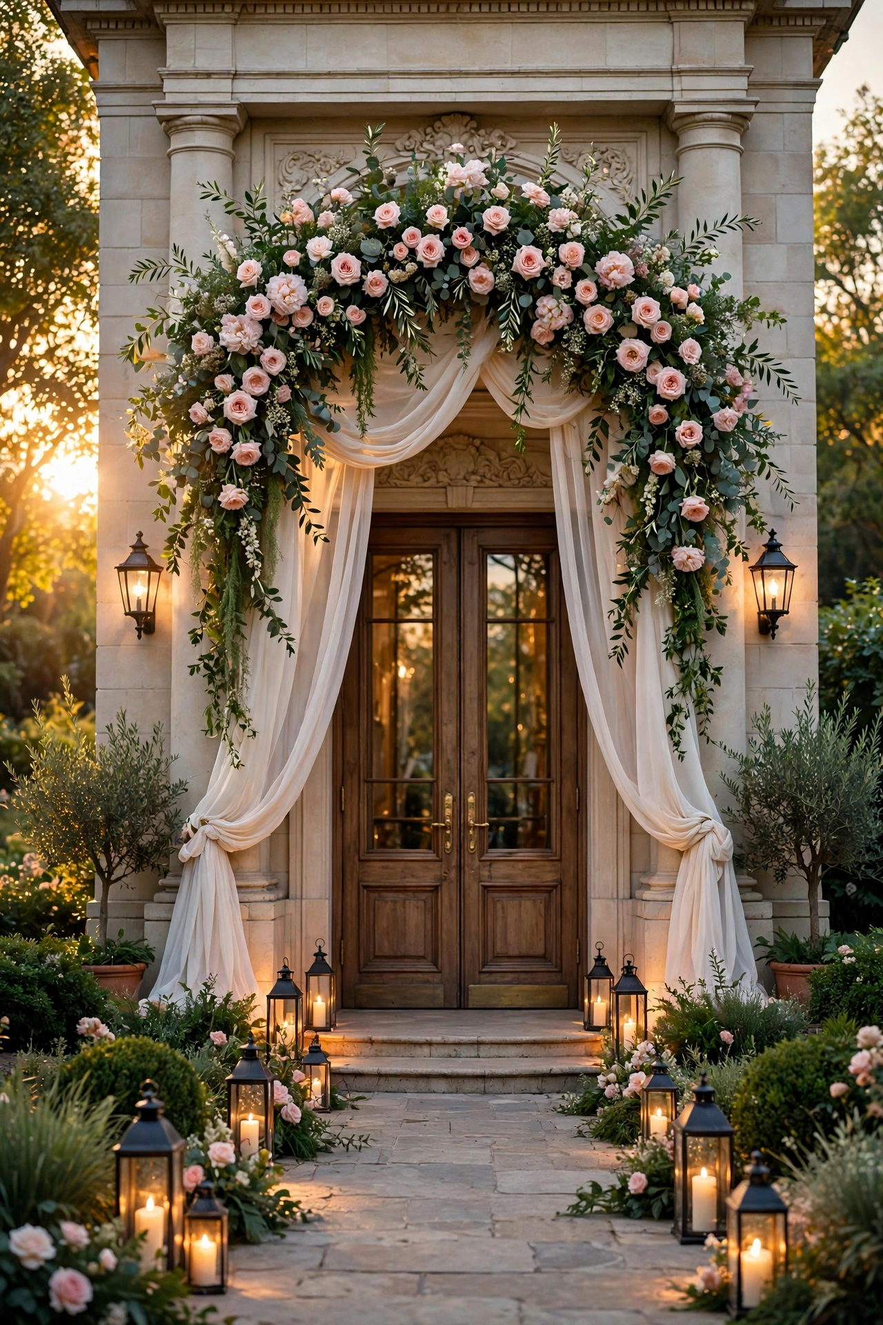 Wedding entrance decor with floral arch and elegant styling
