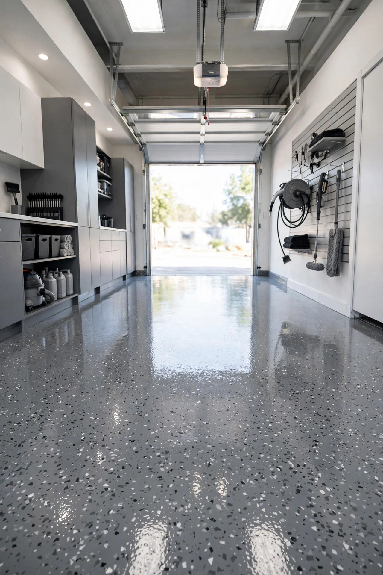 coat the floor with epoxy or polyaspartic finish - garage makeover idea