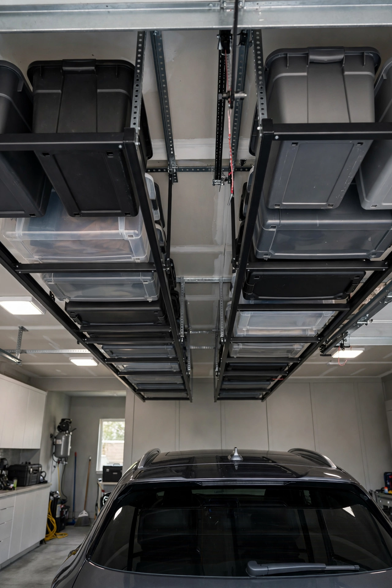 add overhead ceiling storage racks - garage makeover idea