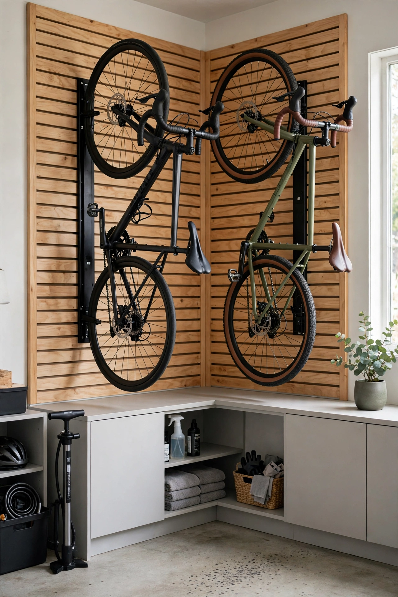 hang bikes on wall mounts or ceiling hoists - garage makeover idea