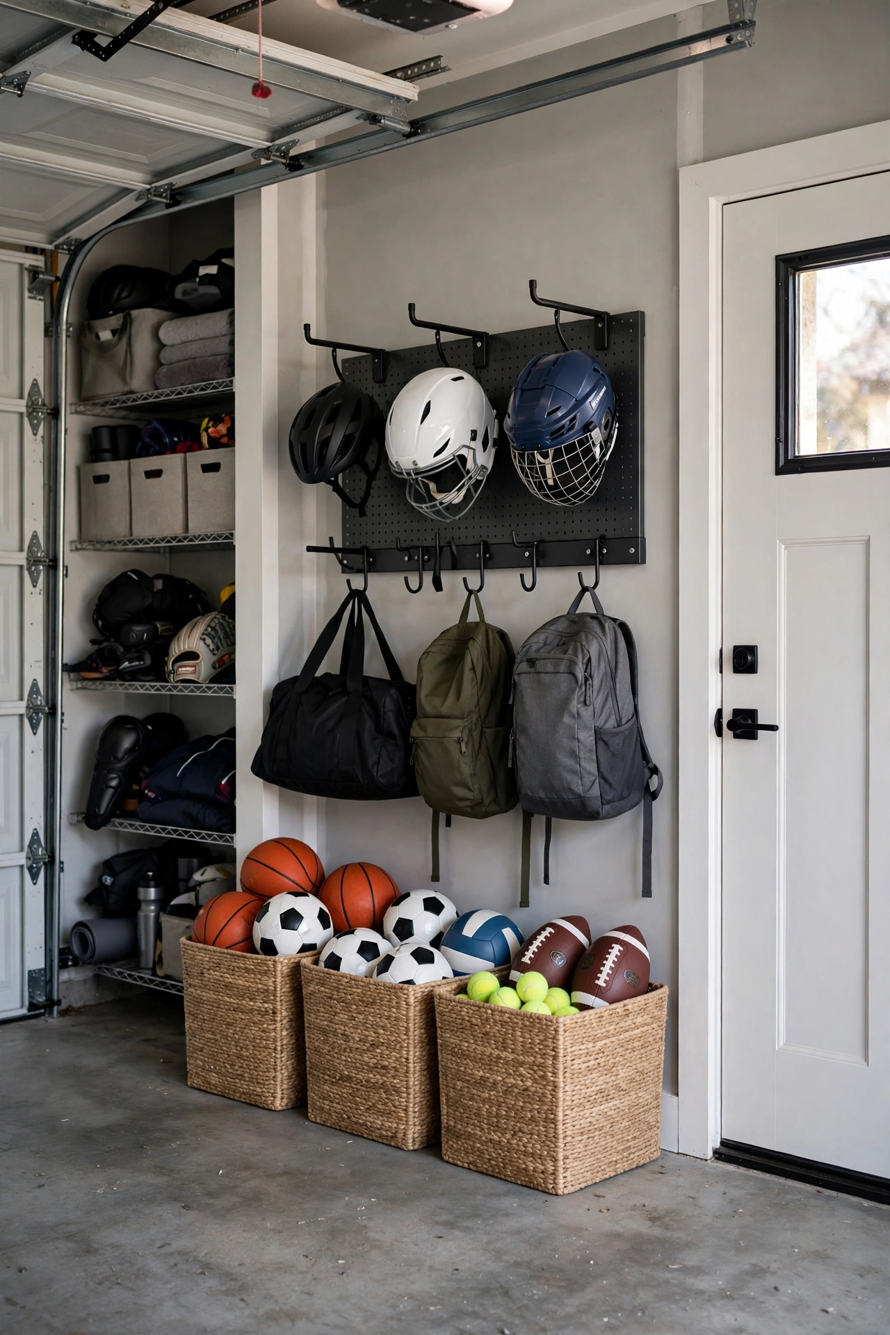 set up a sports and outdoor gear station - garage makeover idea