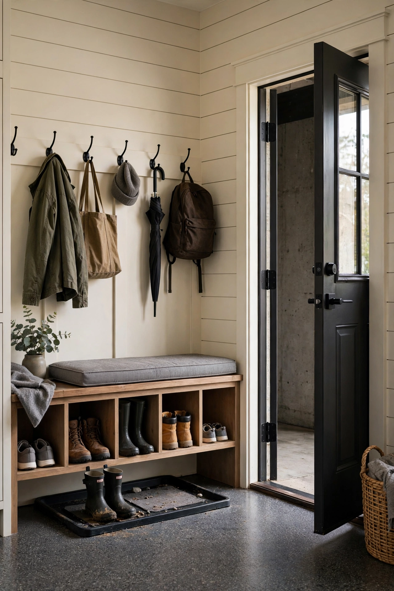 add a mudroom drop zone by the interior door - garage makeover idea