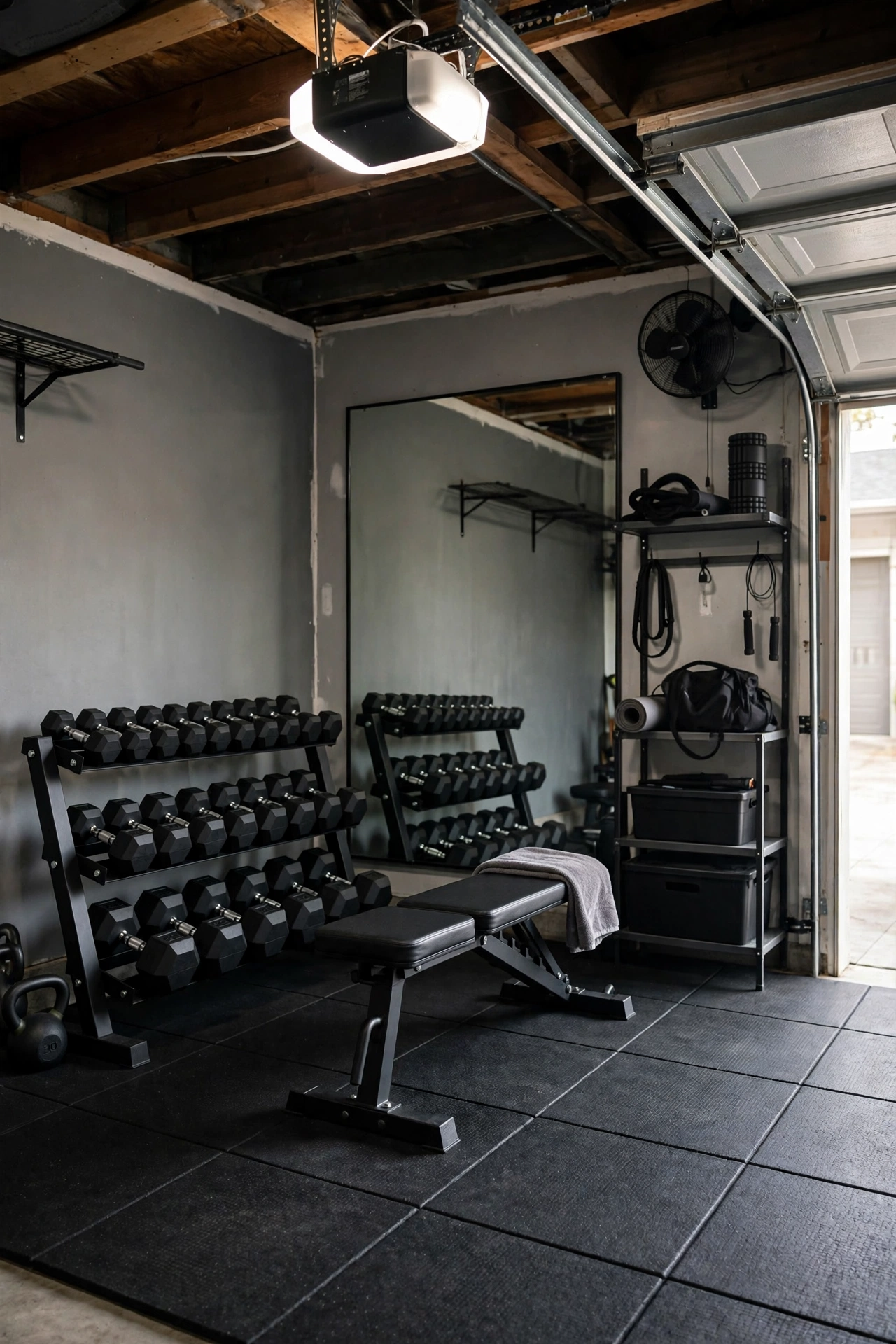 carve out a home gym corner - garage makeover idea
