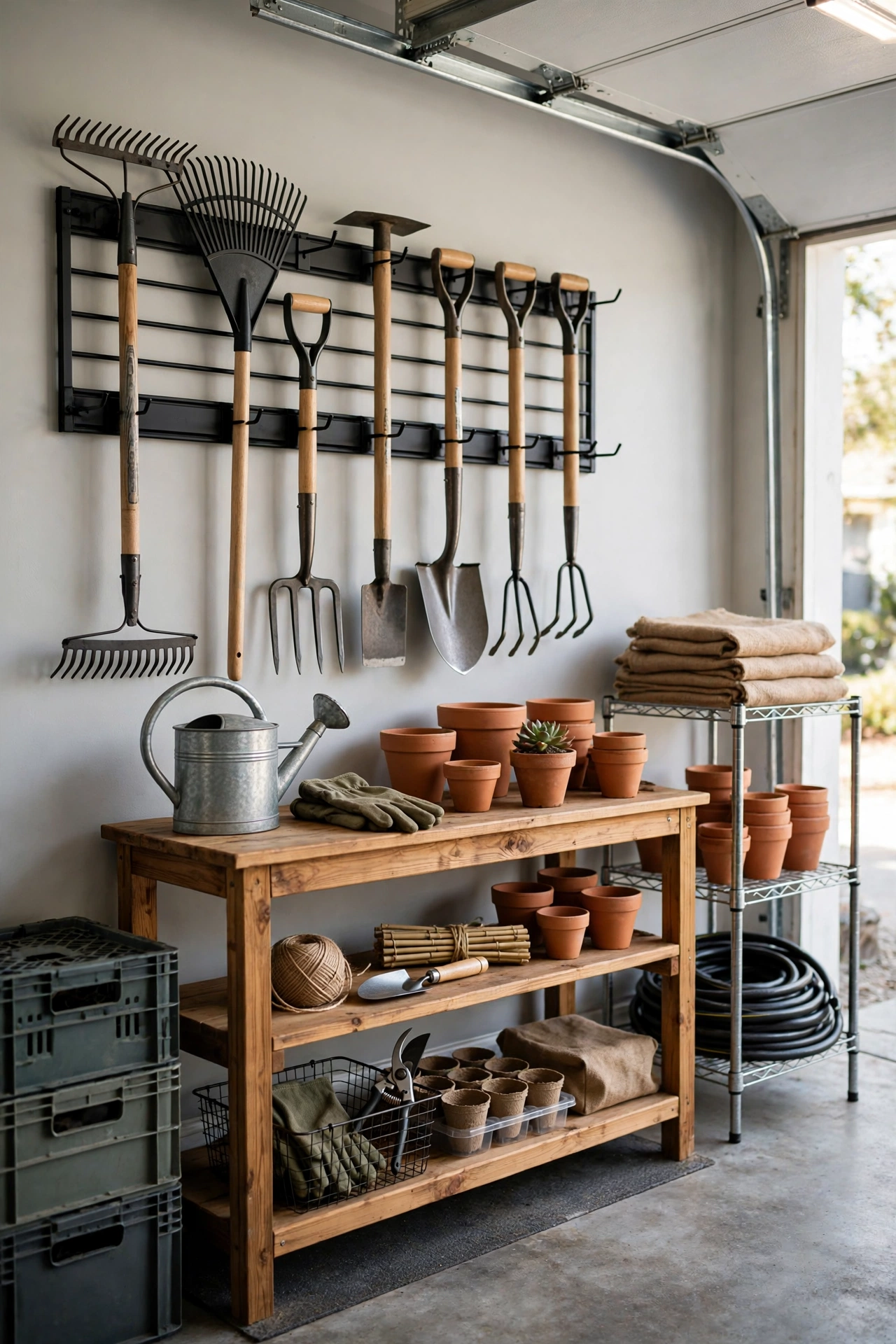 organise a garden and yard tool corner - garage makeover idea