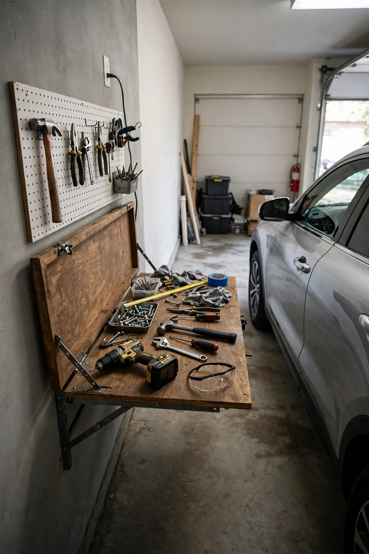 mount a fold-down wall work table - garage makeover idea