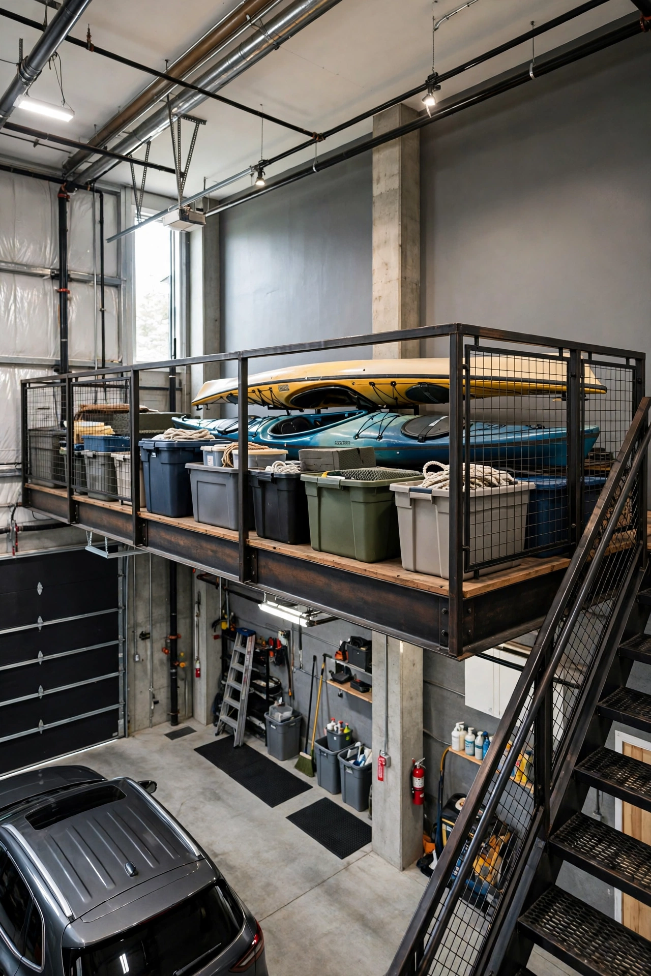 build an overhead loft or mezzanine platform - garage makeover idea