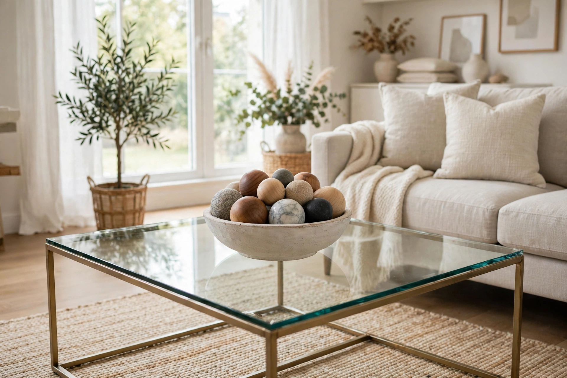 Fill a decorative bowl with orbs