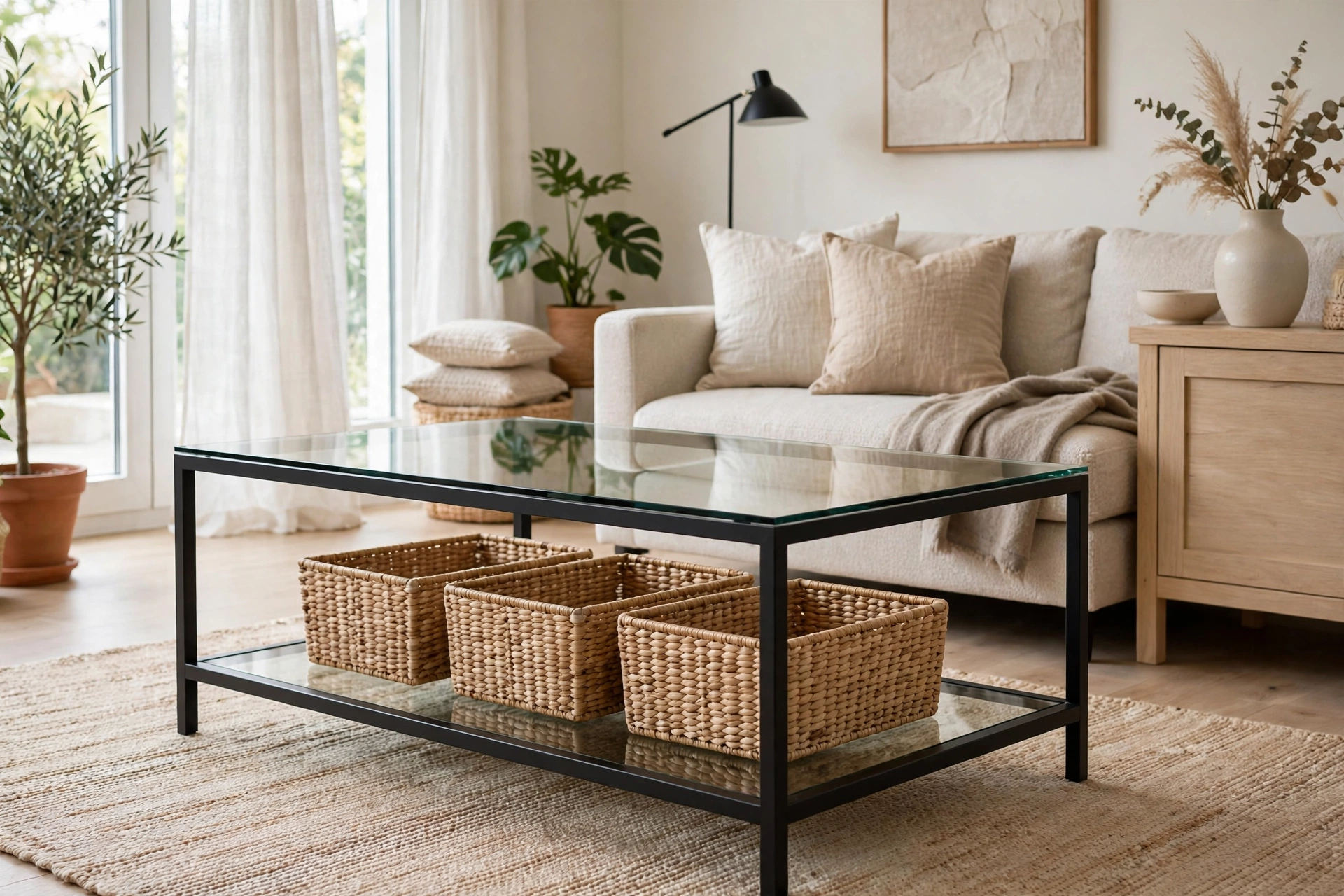 Use woven baskets on the lower shelf