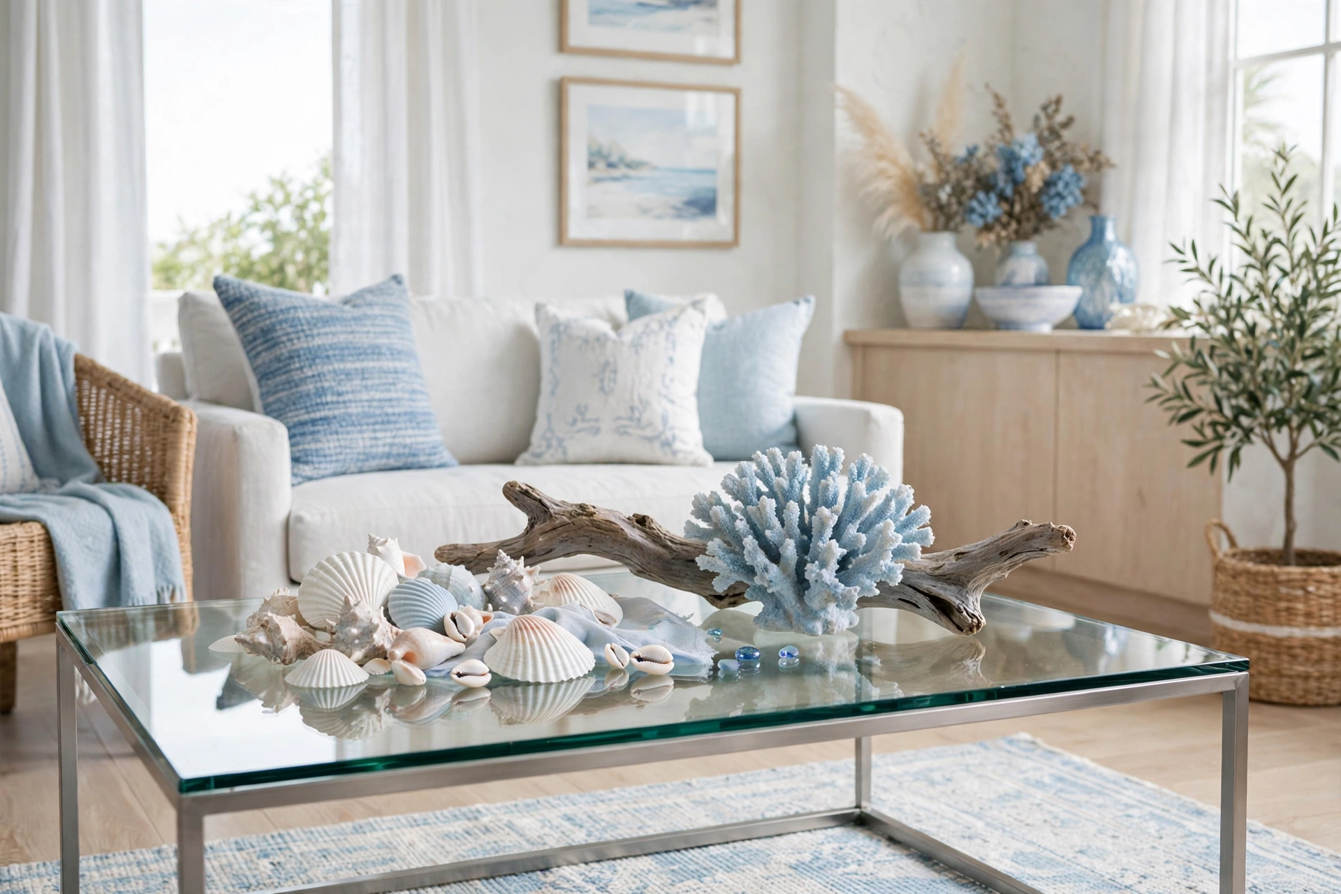 Try a coastal look with shells and driftwood