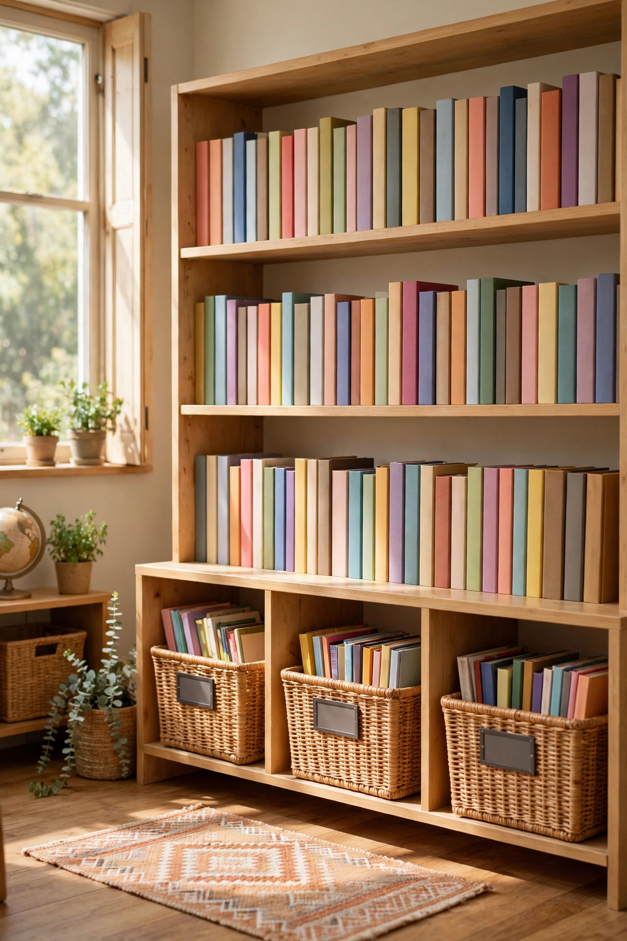 Classroom library shelves with books facing forward sorted into labeled genre bins