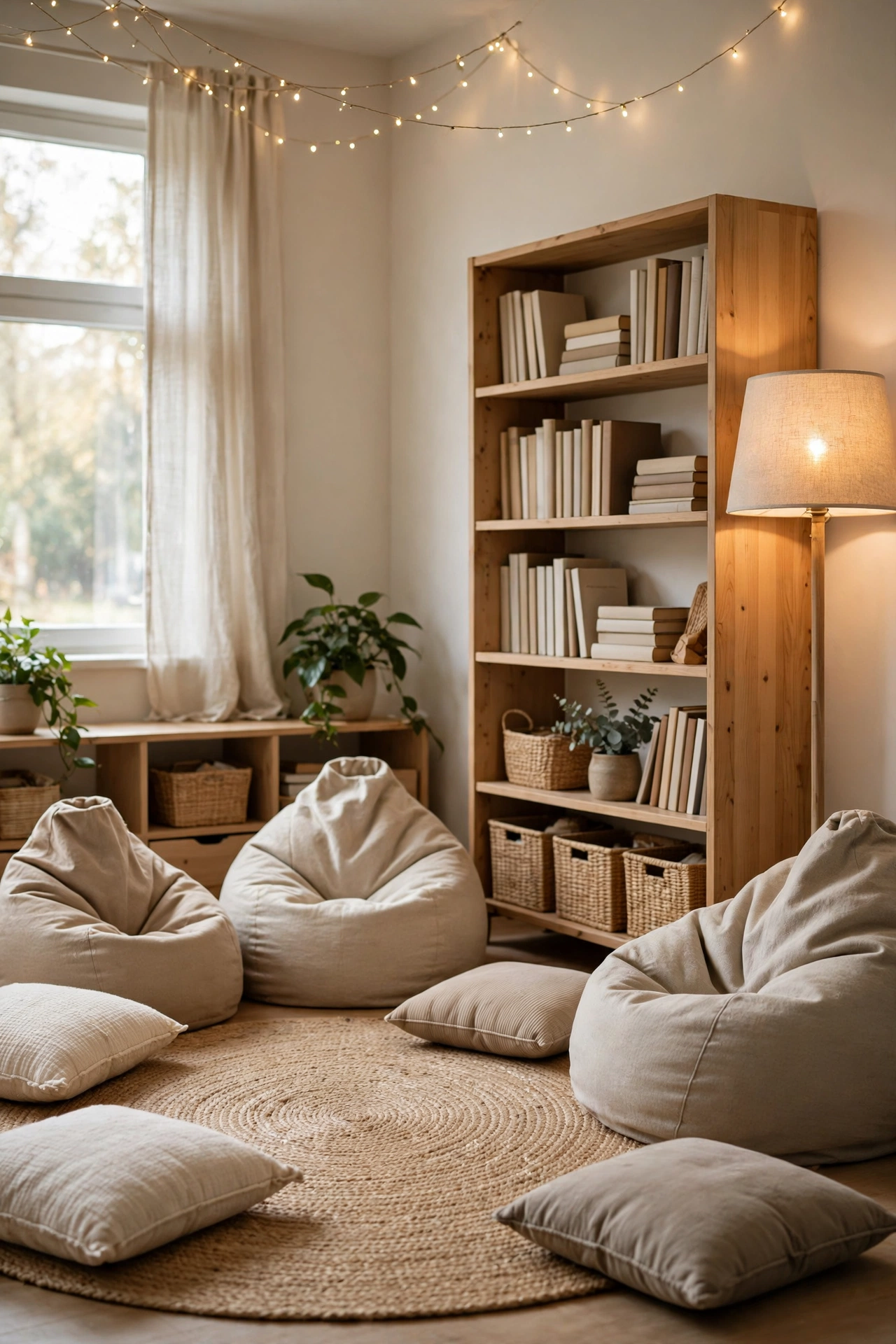Cozy classroom reading nook with floor cushions, a bean bag chair, and a low bookshelf