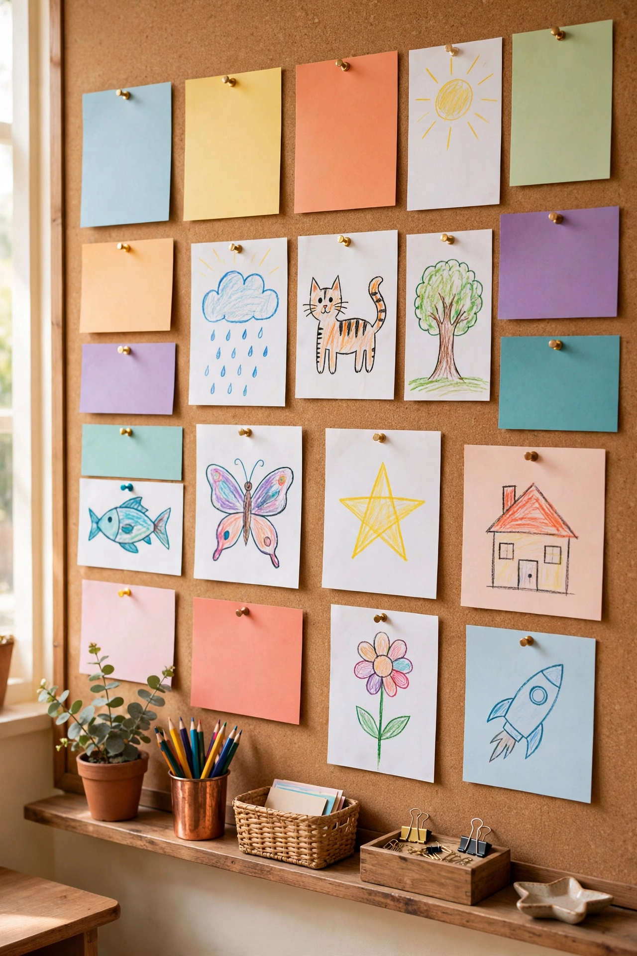 Interactive word wall with vocabulary cards showing definitions, example sentences, and small drawings