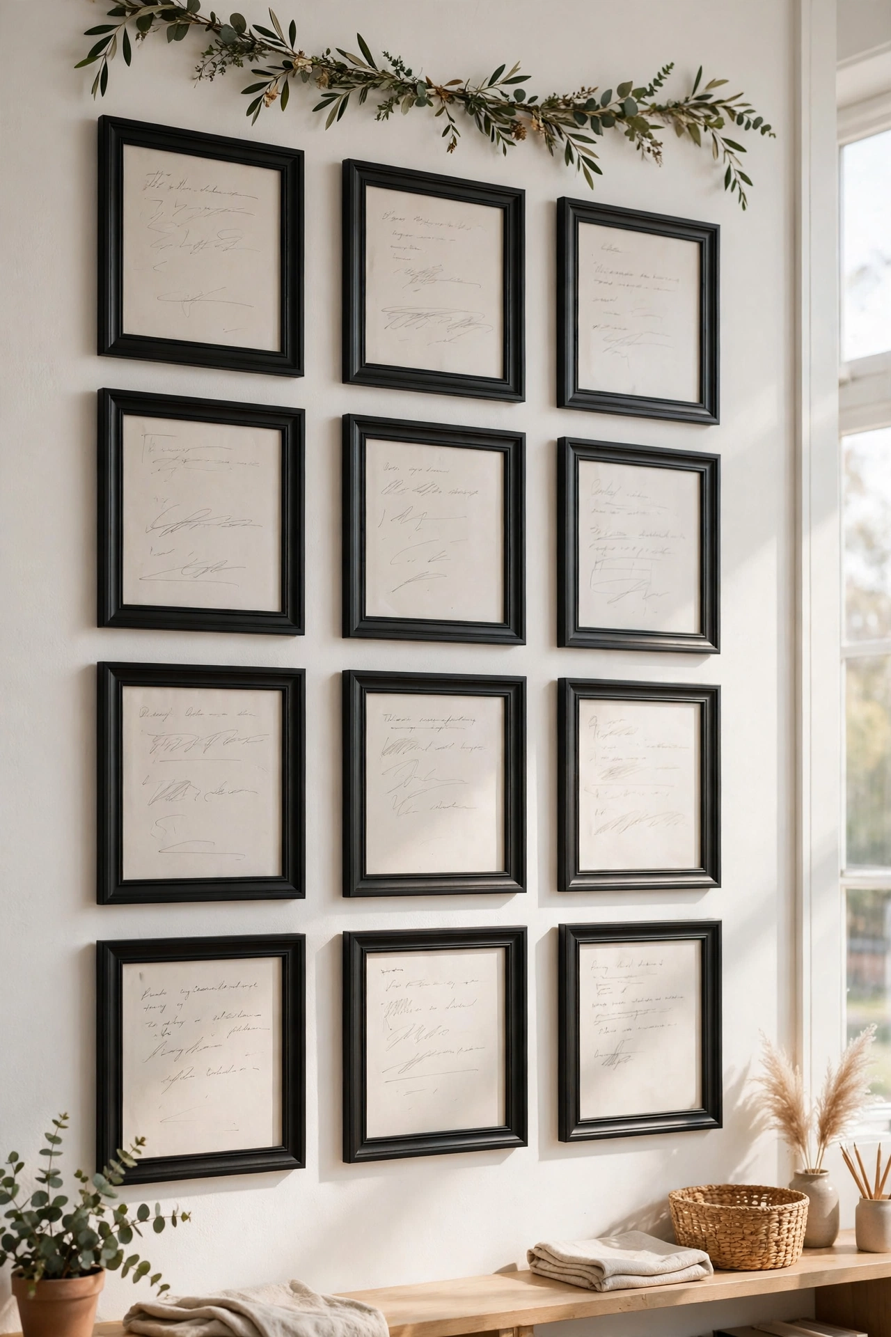 Gallery wall of student writing pieces displayed in frames and on clipboards