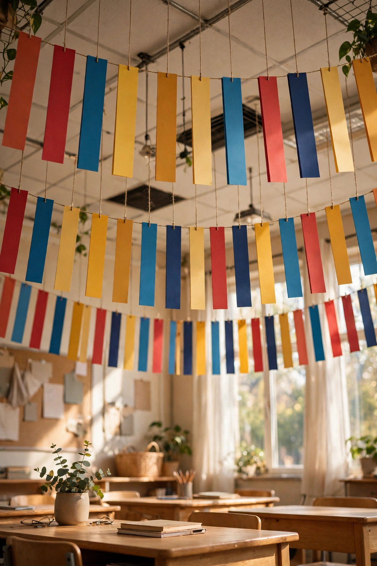 Decorative book spine banners hanging from the classroom ceiling like a garland