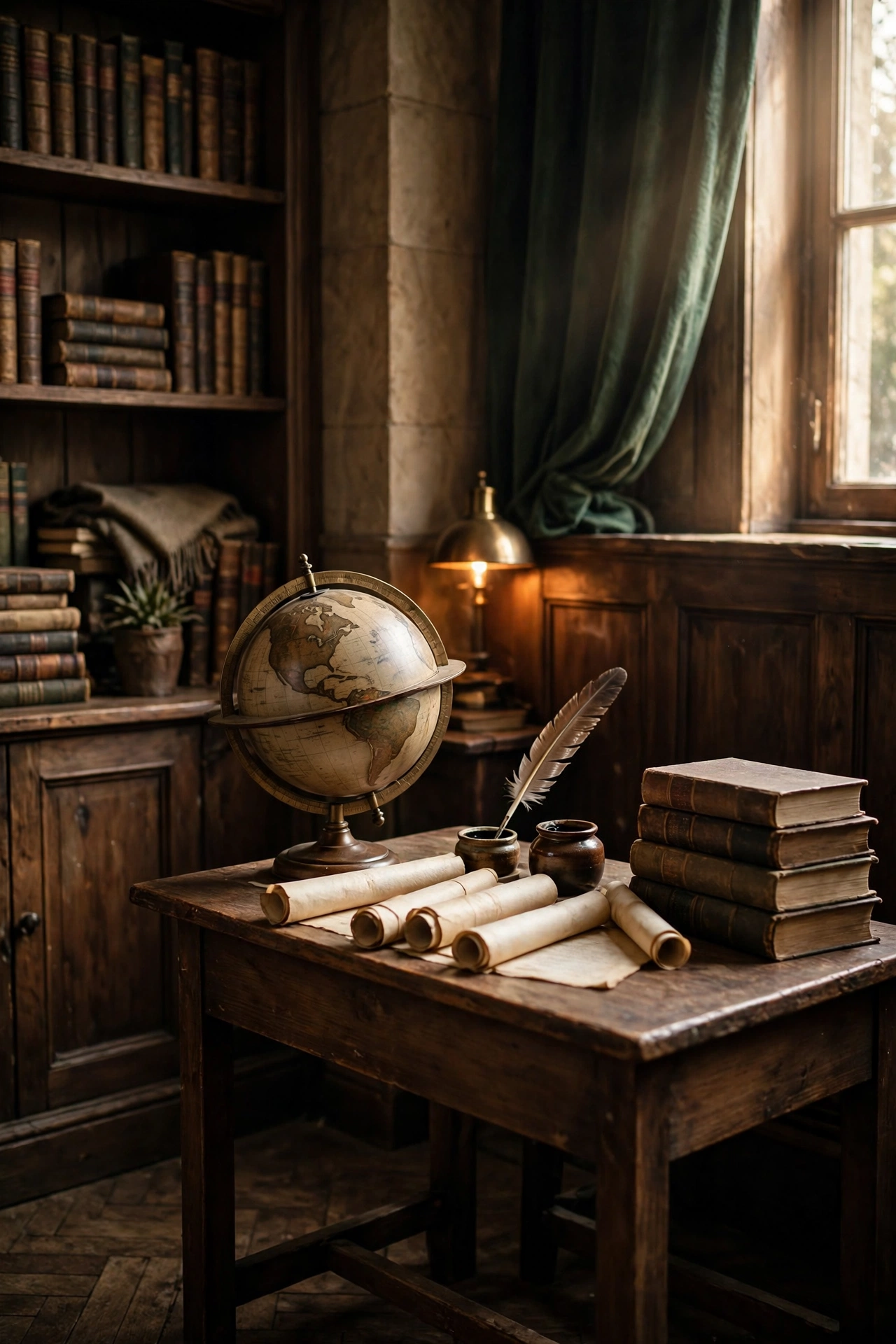 Shakespeare corner display with a portrait, famous quotes, and a small bookshelf of plays