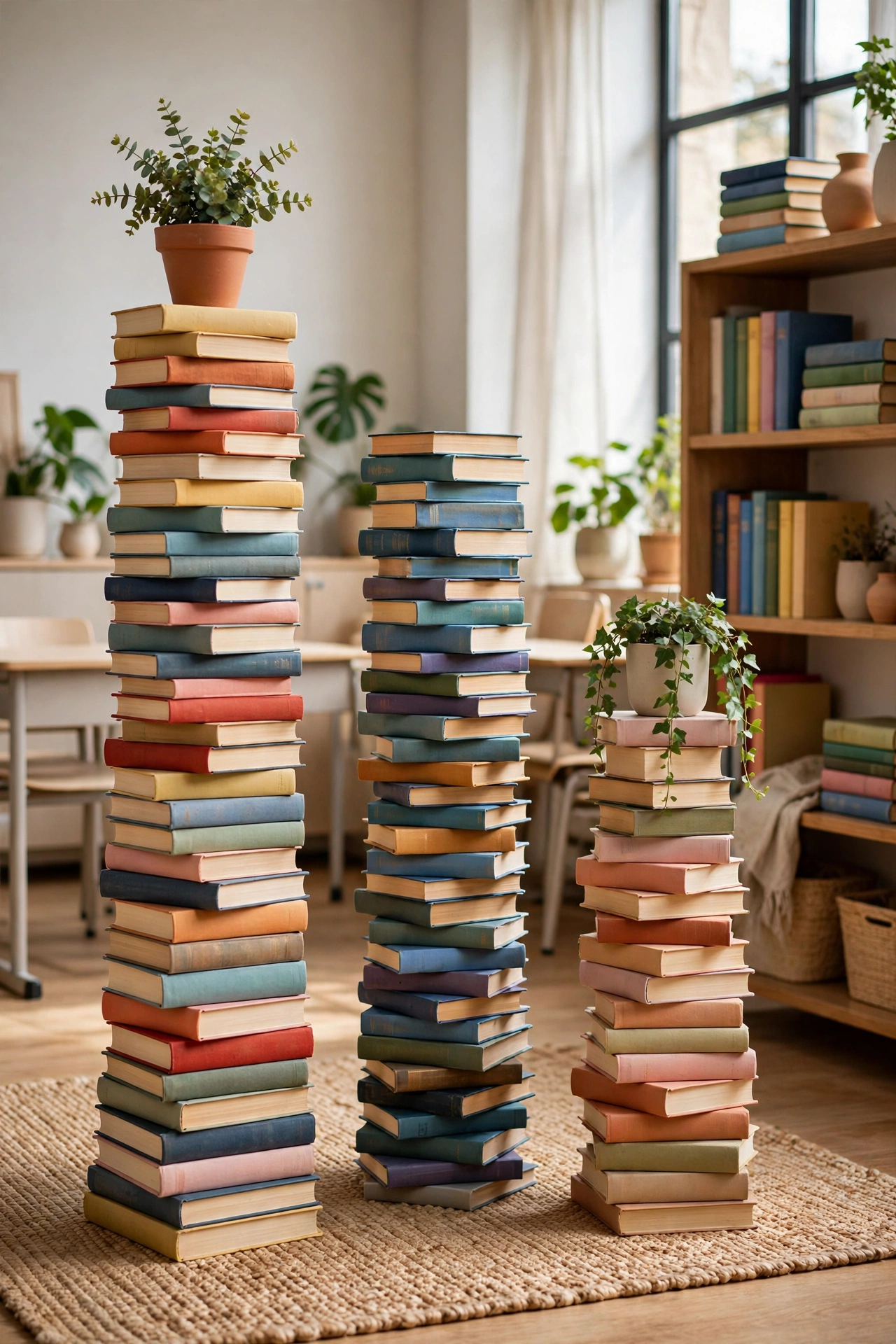 Decorative towers of stacked hardcover books on a classroom shelf