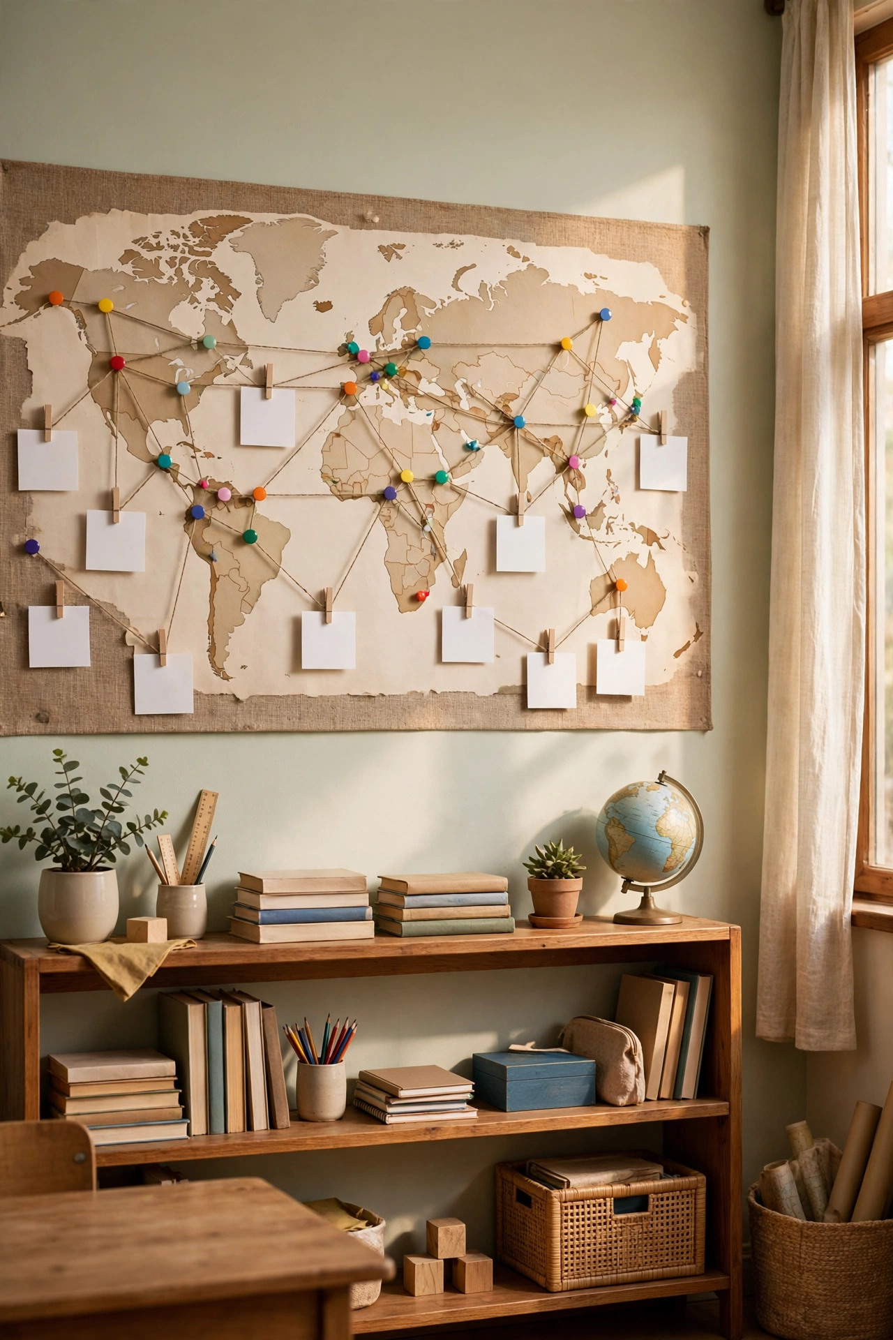 World map wall with pins marking the settings of novels studied in class