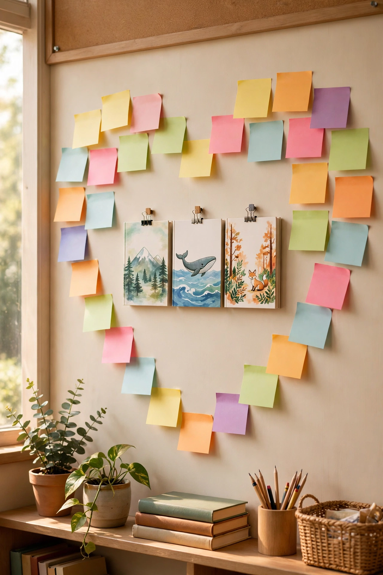 Wall covered in colorful sticky notes with student book recommendations