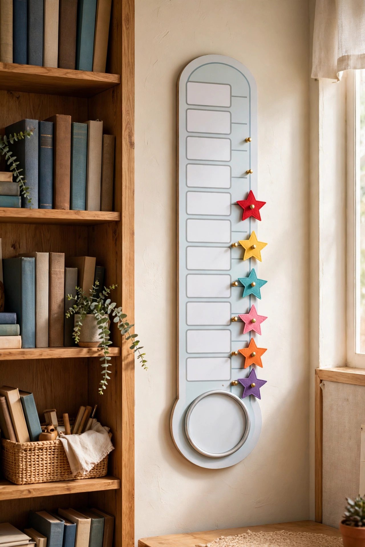 Reading goal tracker board with a book challenge chart and student progress markers