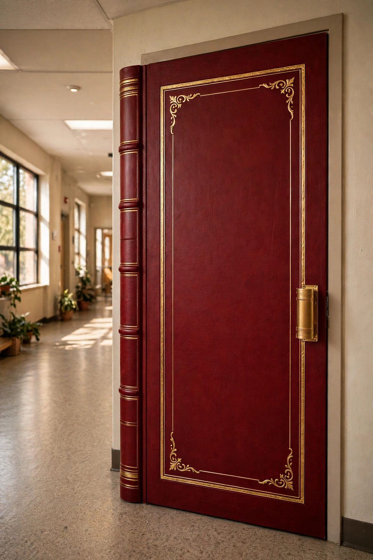 Classroom door decorated as a giant book cover with title and author name