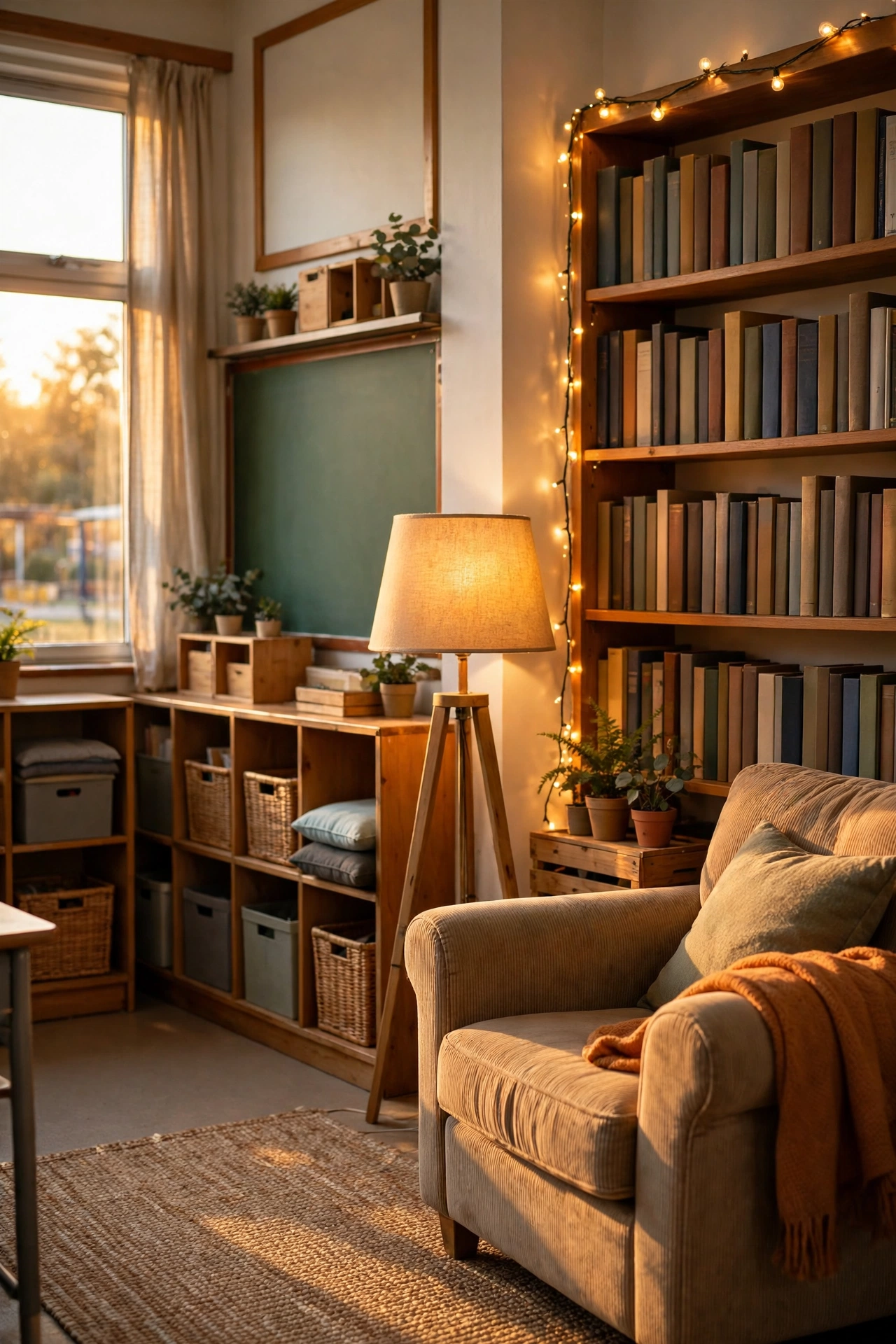 Cozy library corner lit with warm lamps and string lights over the bookshelves